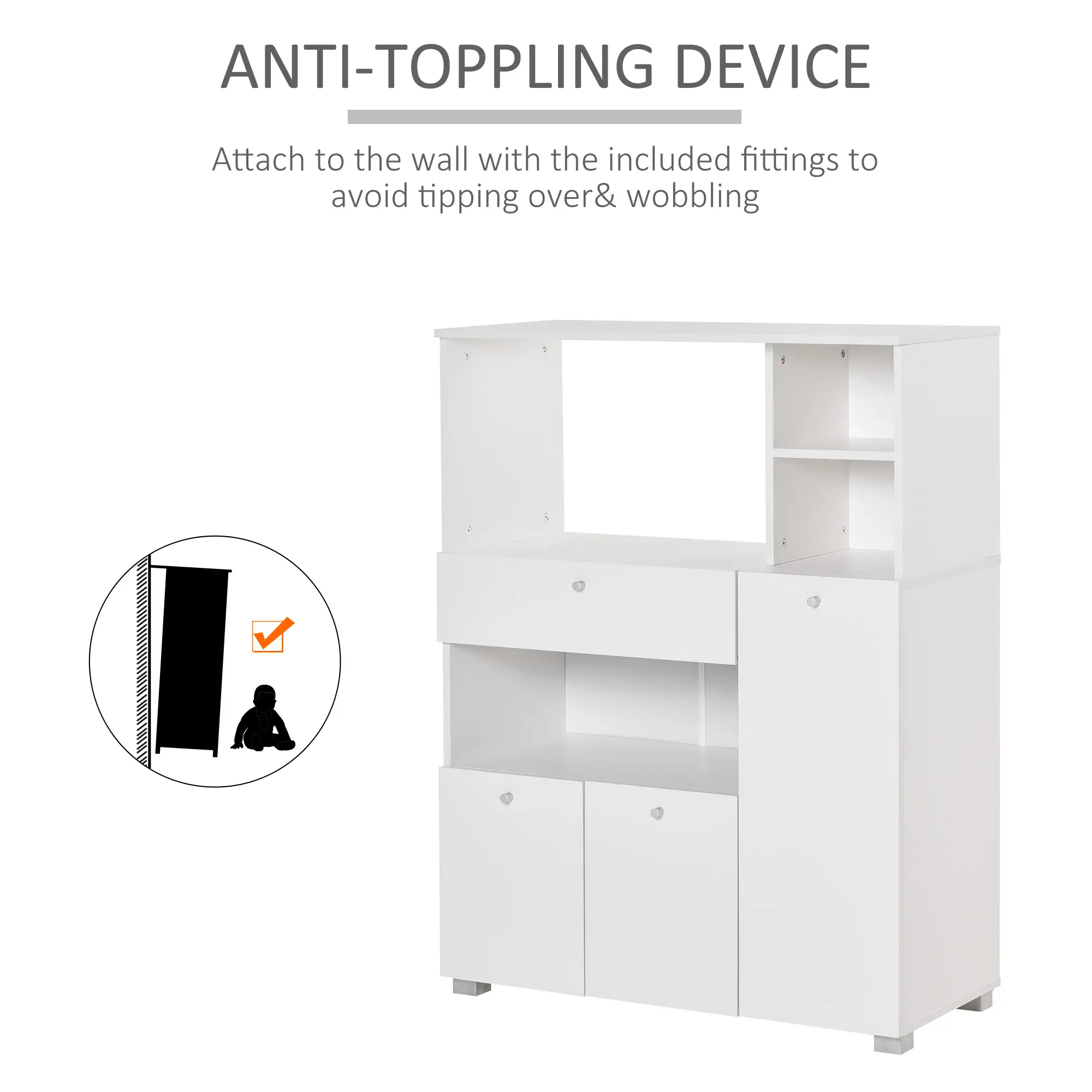 Compact Kitchen Pantry Cabinet, Microwave Stand with Drawer, White - Image 6
