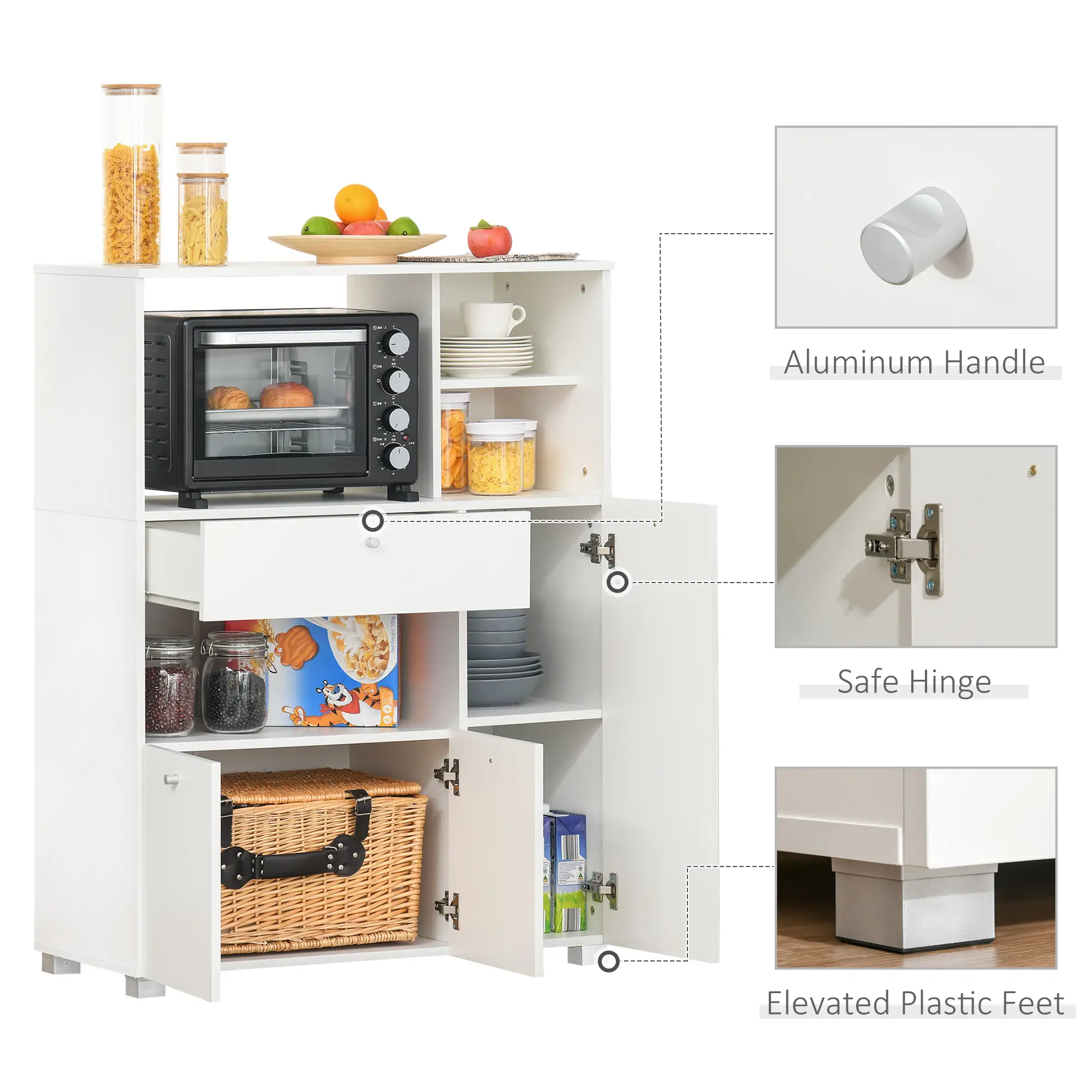 Compact Kitchen Pantry Cabinet, Microwave Stand with Drawer, White - Image 7