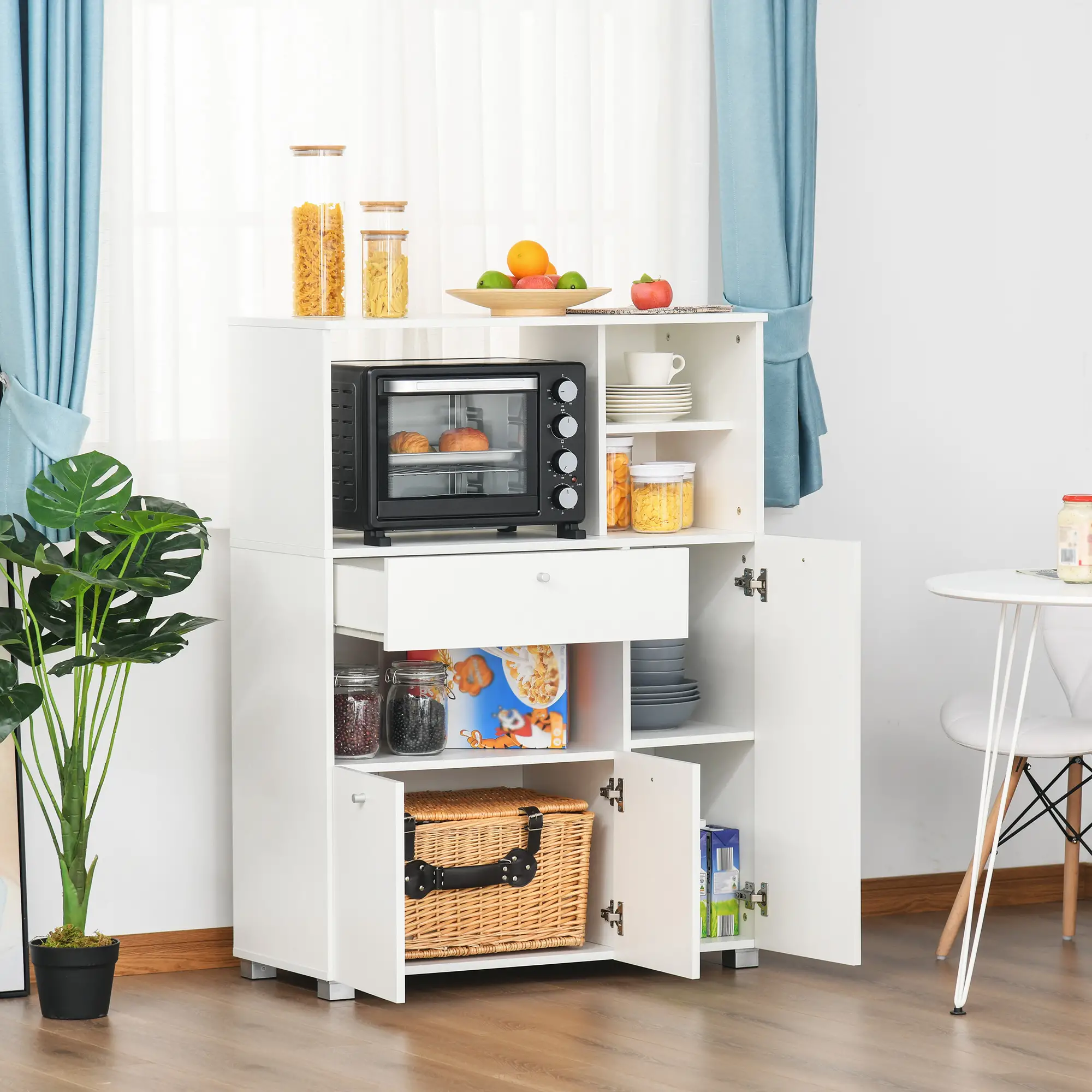Compact Kitchen Pantry Cabinet, Microwave Stand with Drawer, White - Image 8