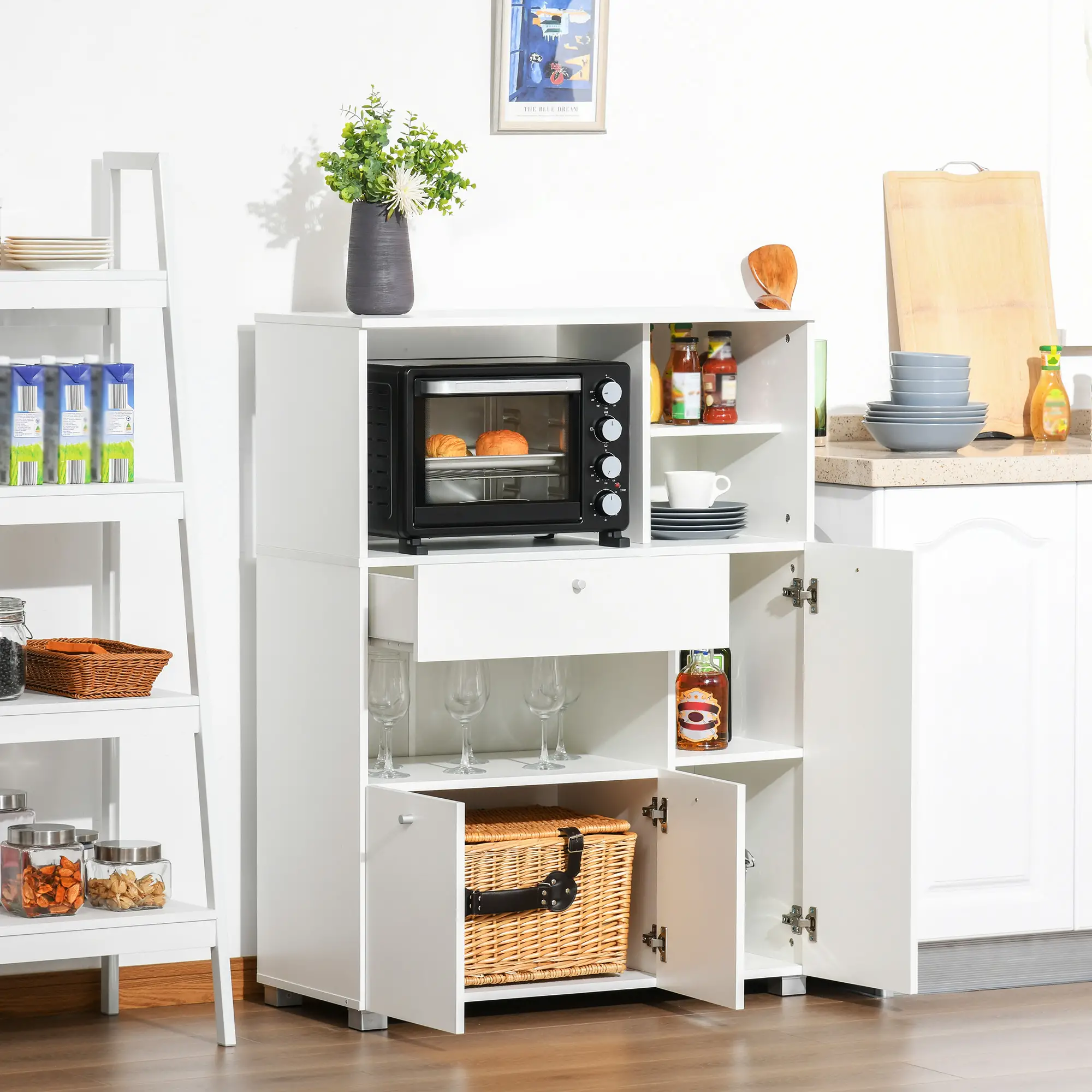 Compact Kitchen Pantry Cabinet, Microwave Stand with Drawer, White - Image 9