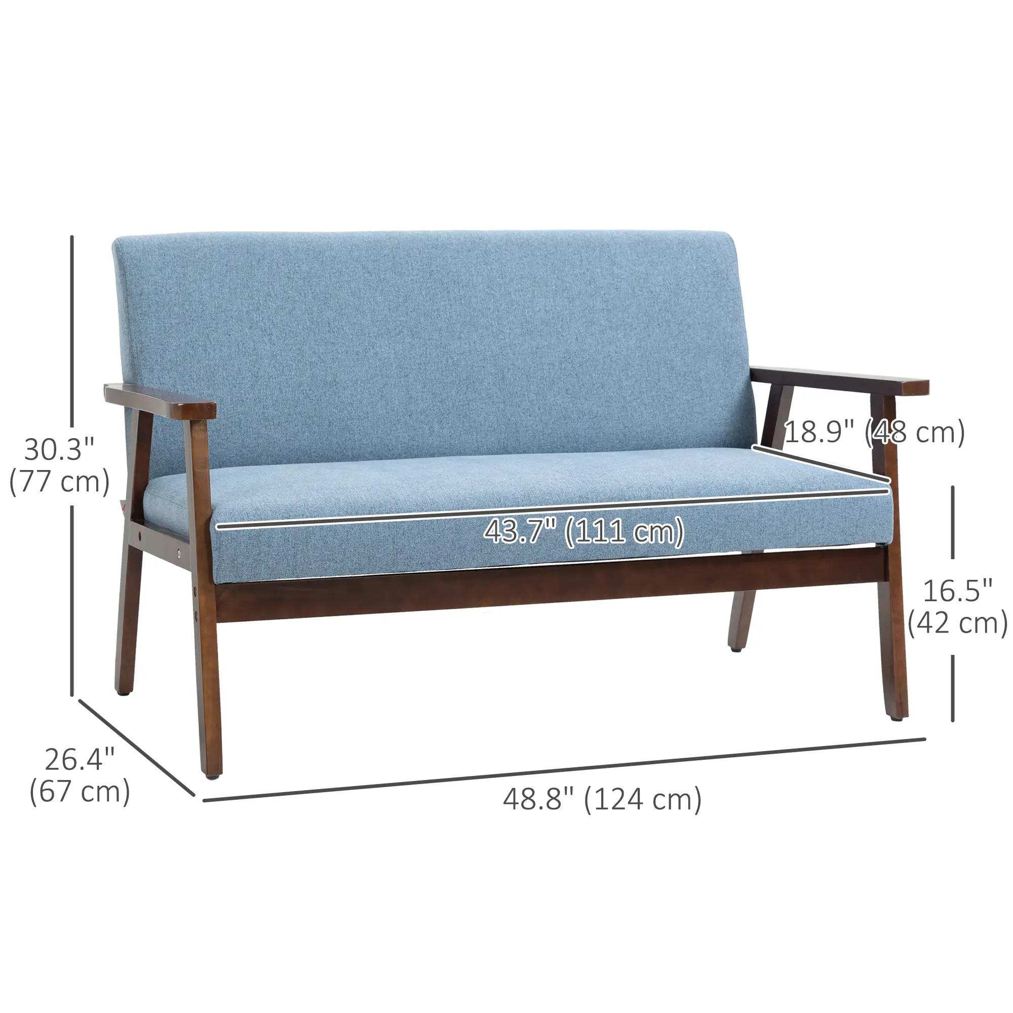 Compact Loveseat Sofa, Linen Fabric, Double Seat, Rubber Wood Legs, Blue - Image 3