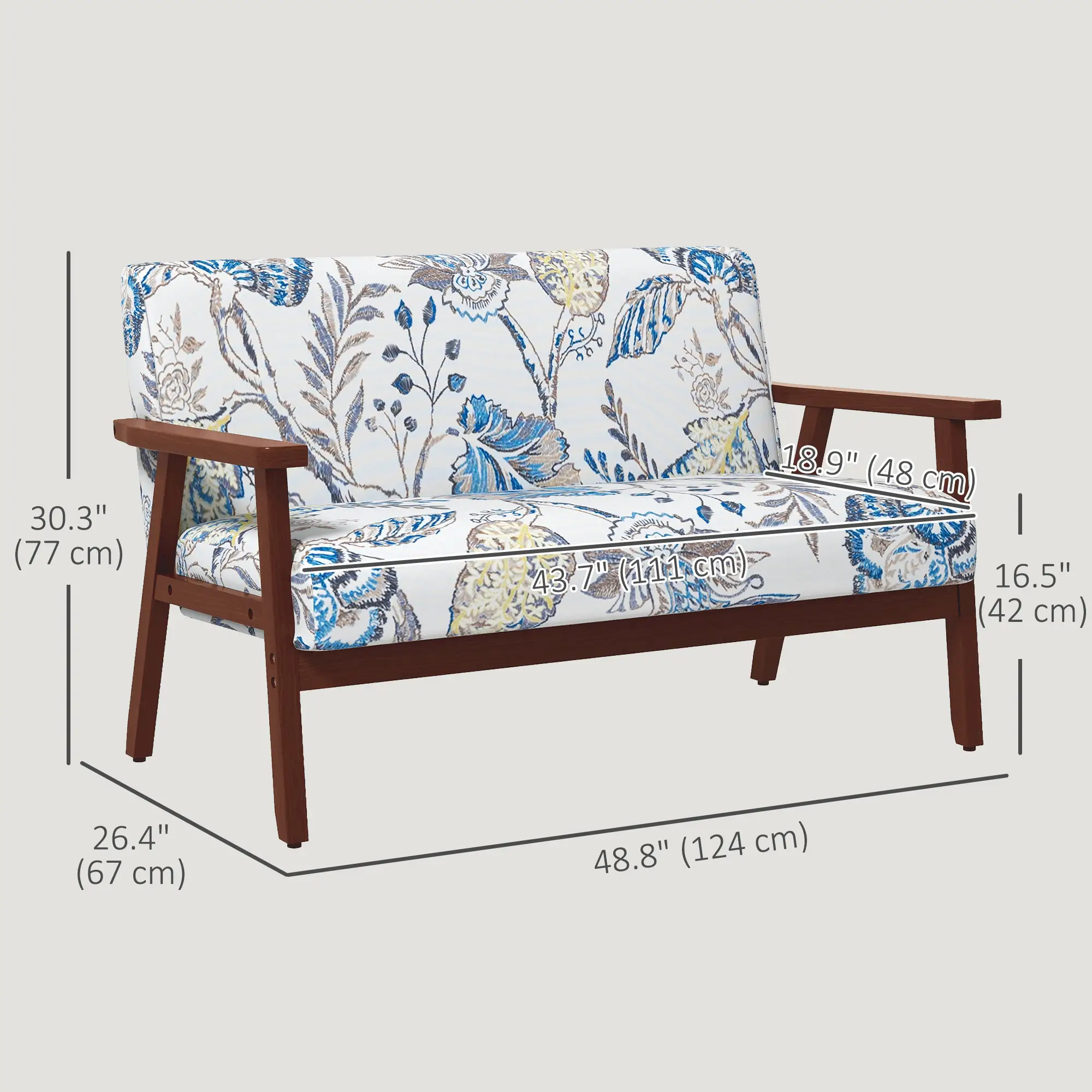 Compact Loveseat Sofa, Linen Fabric, Rubber Wood Legs, Multicolour - Image 3