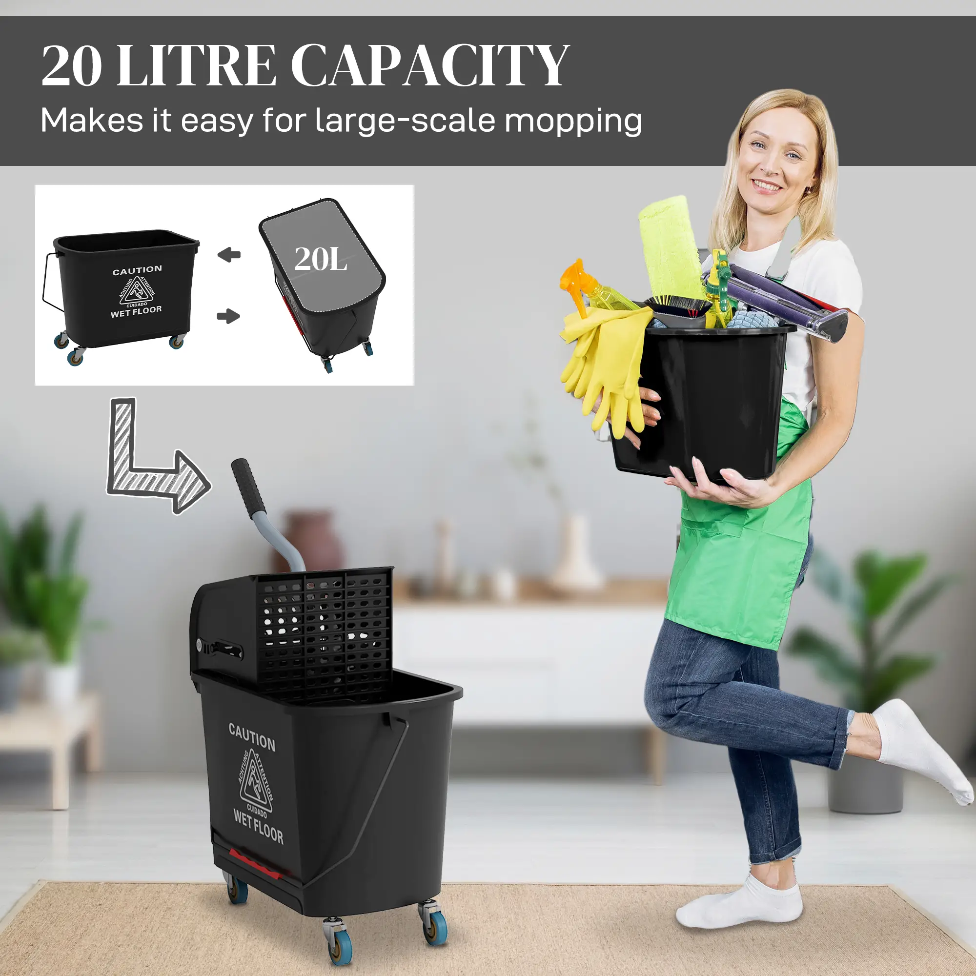 Compact Mop Bucket with Wringer, 5 Gallon, Black - Image 4