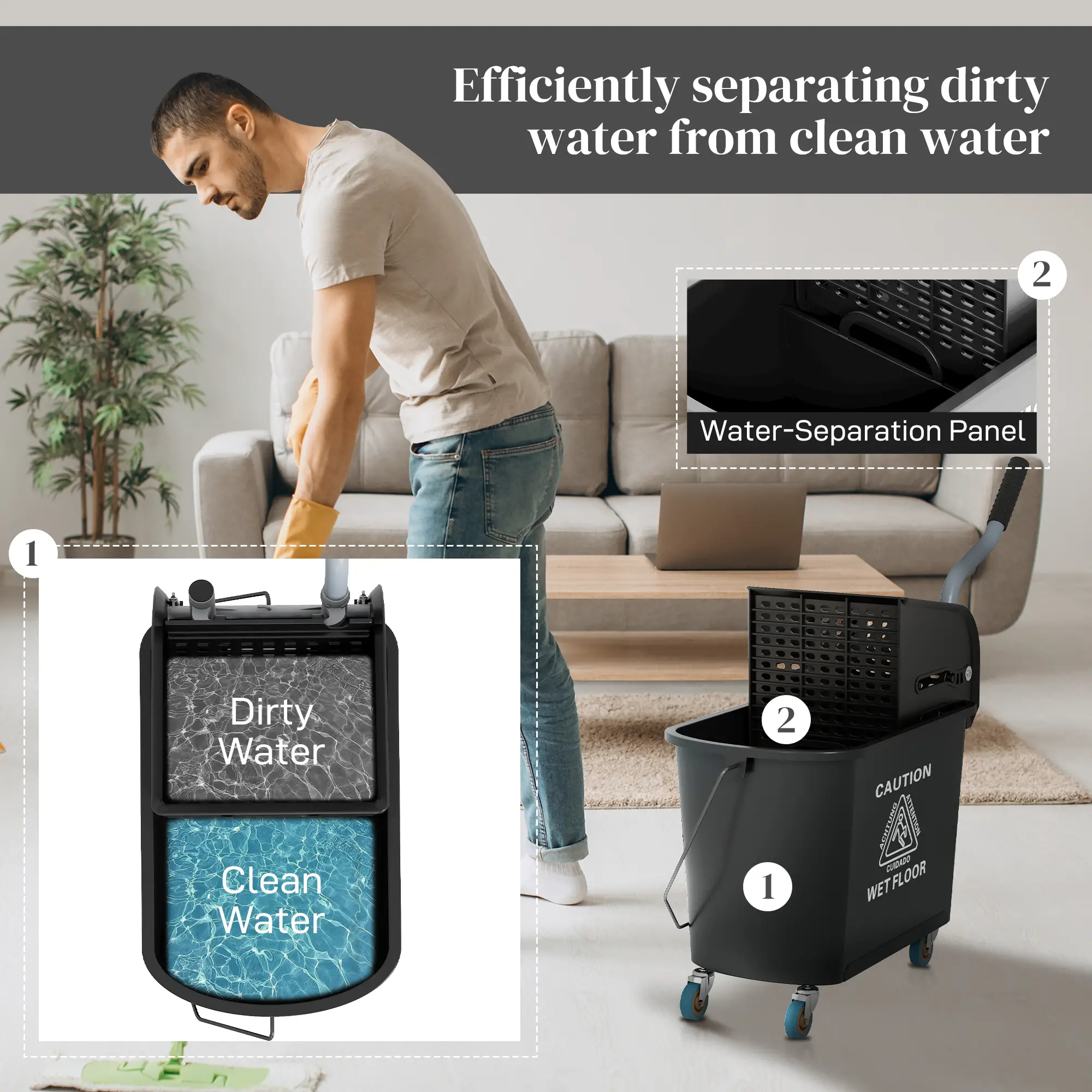 Compact Mop Bucket with Wringer, 5 Gallon, Black - Image 5