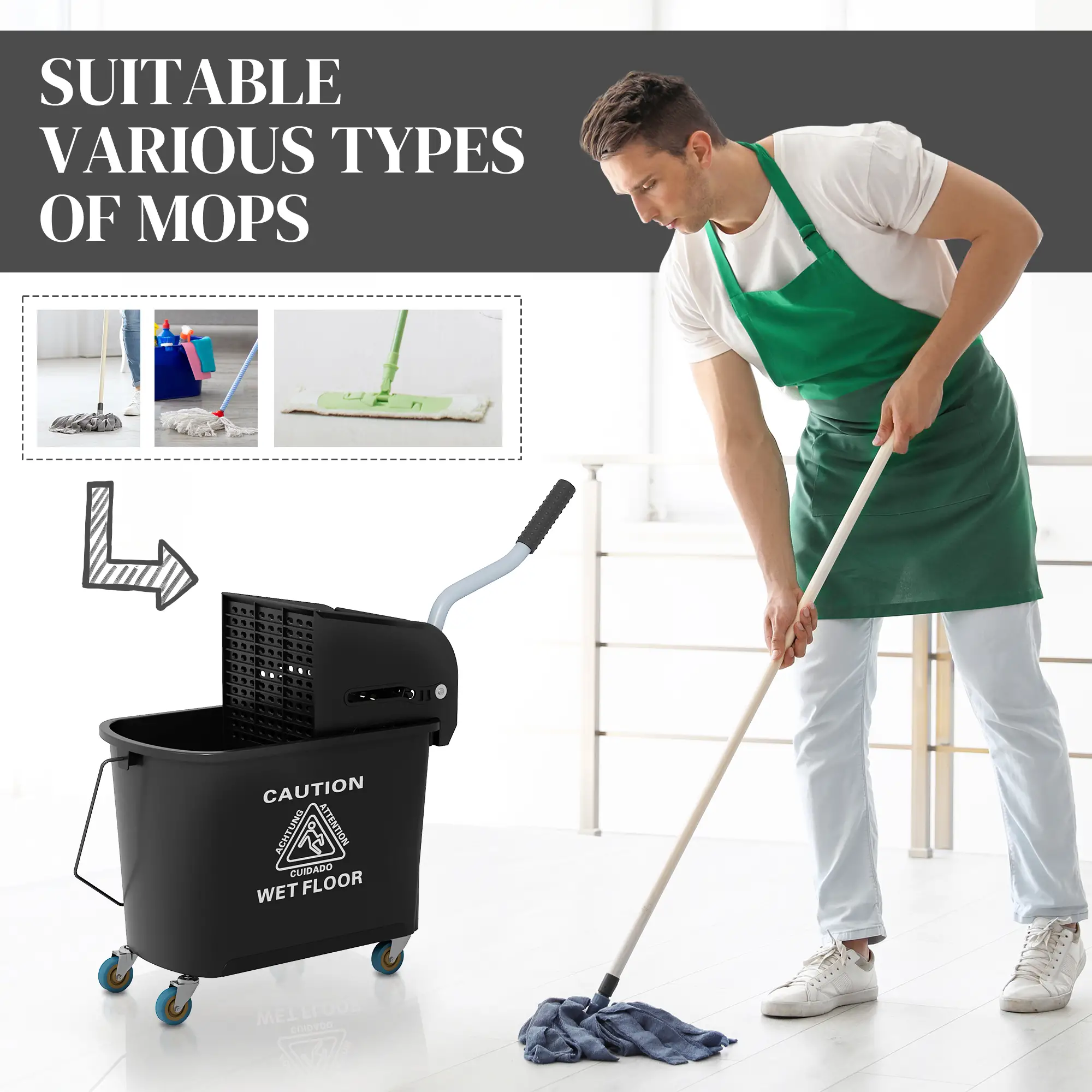 Compact Mop Bucket with Wringer, 5 Gallon, Black - Image 7