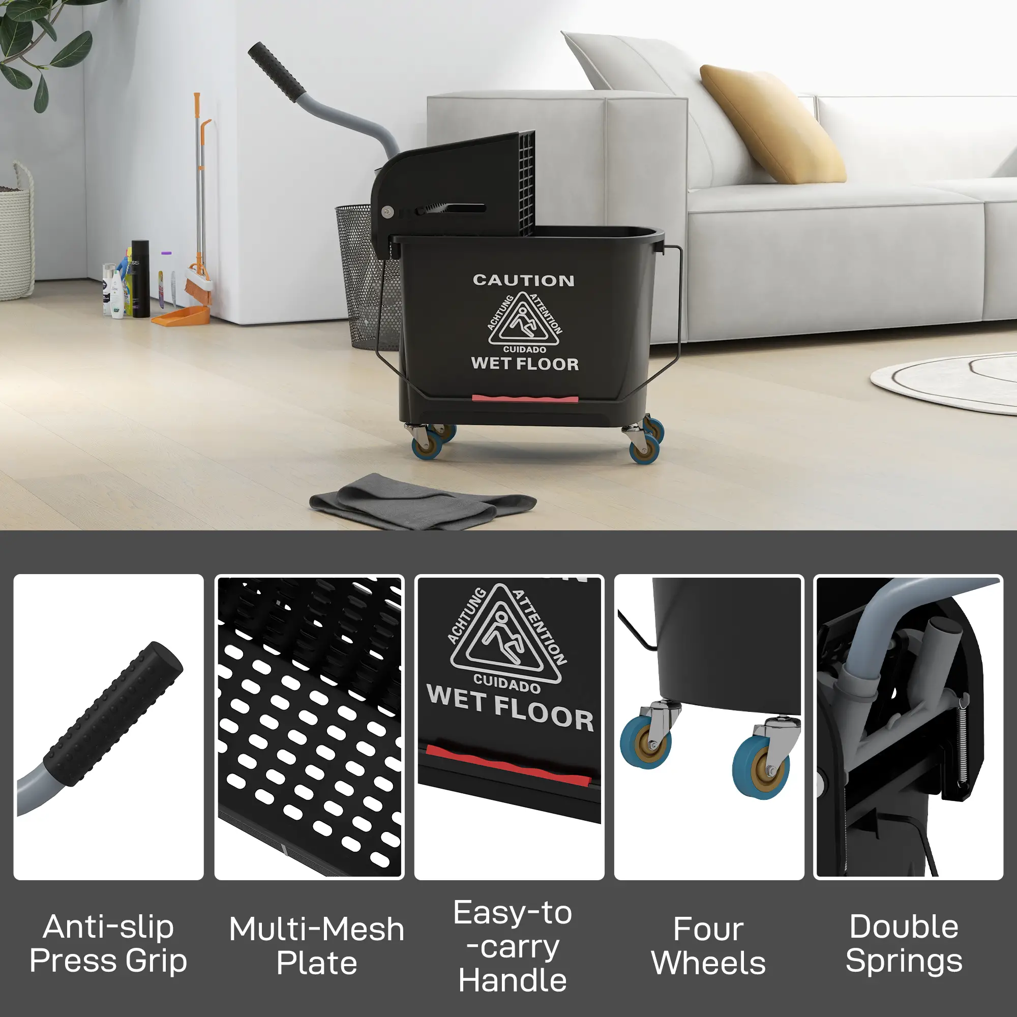 Compact Mop Bucket with Wringer, 5 Gallon, Black - Image 9