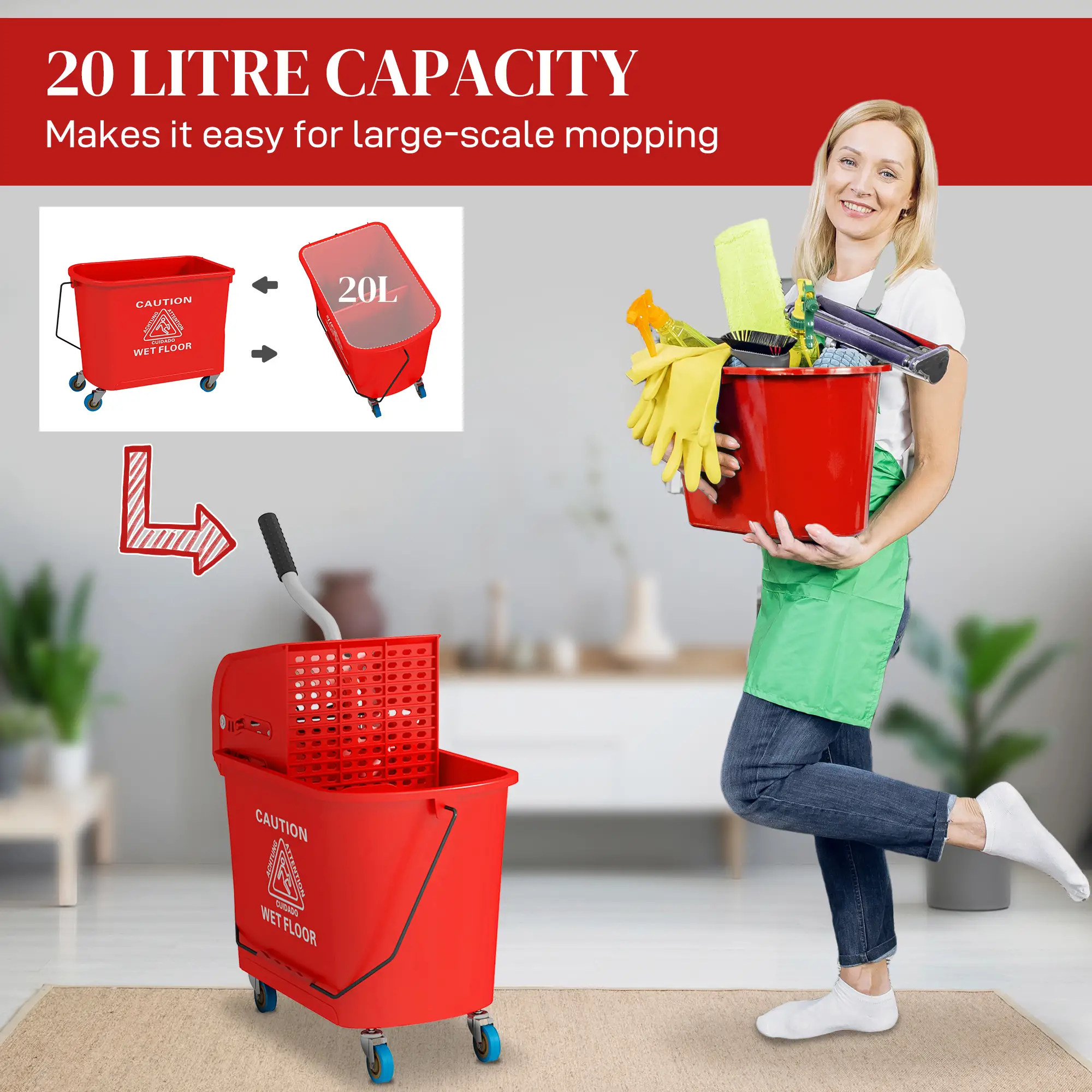 Compact Mop Bucket with Wringer, 5 Gallon, Red - Image 4