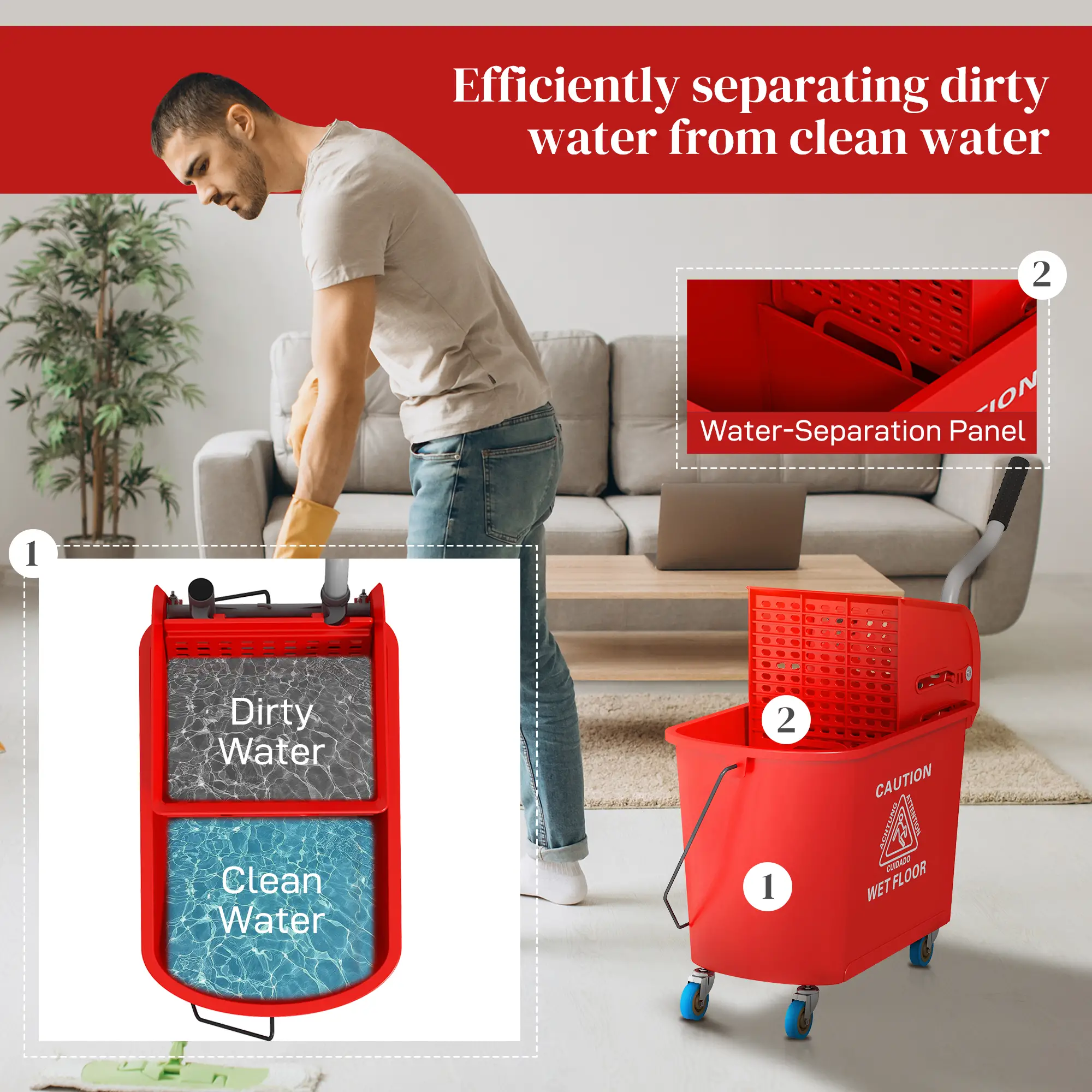 Compact Mop Bucket with Wringer, 5 Gallon, Red - Image 5