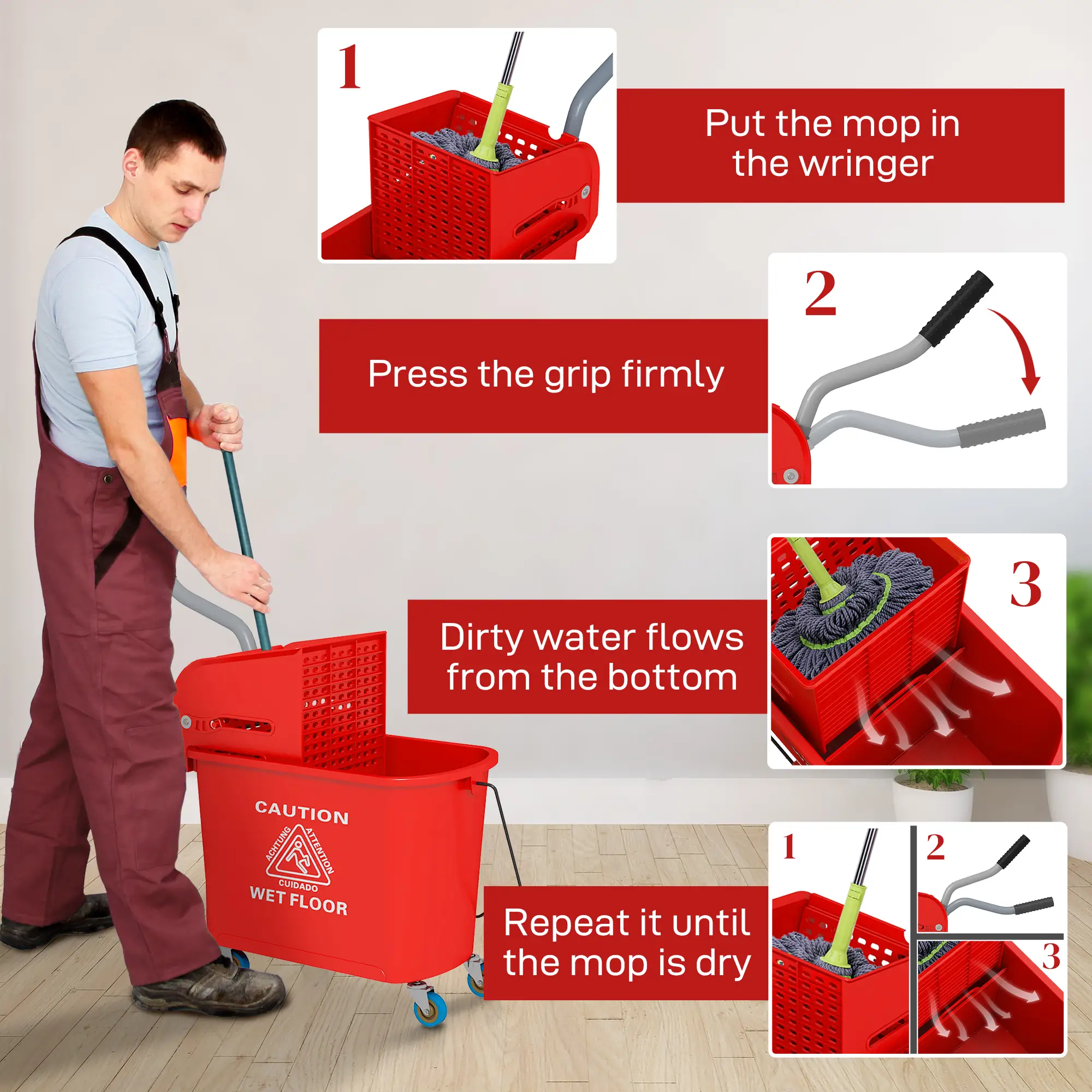 Compact Mop Bucket with Wringer, 5 Gallon, Red - Image 6