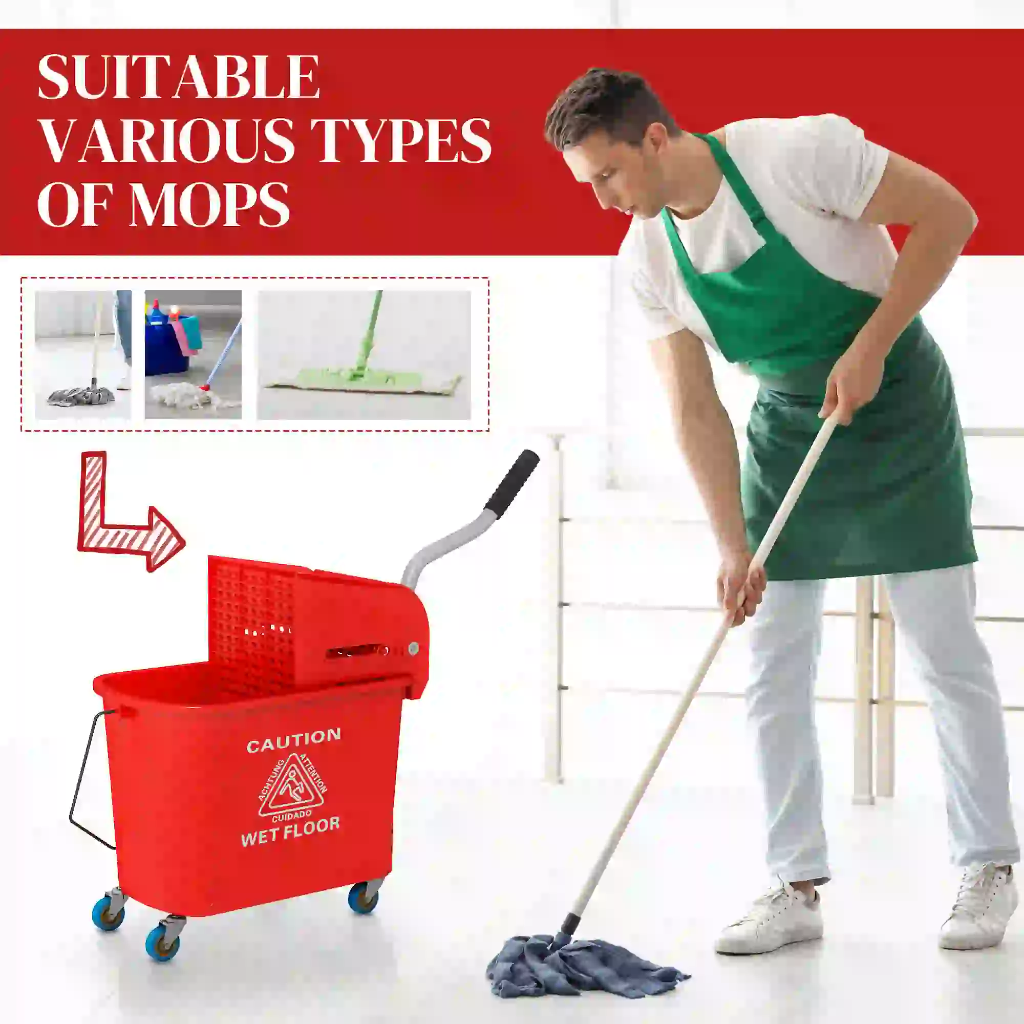 Compact Mop Bucket with Wringer, 5 Gallon, Red - Image 7
