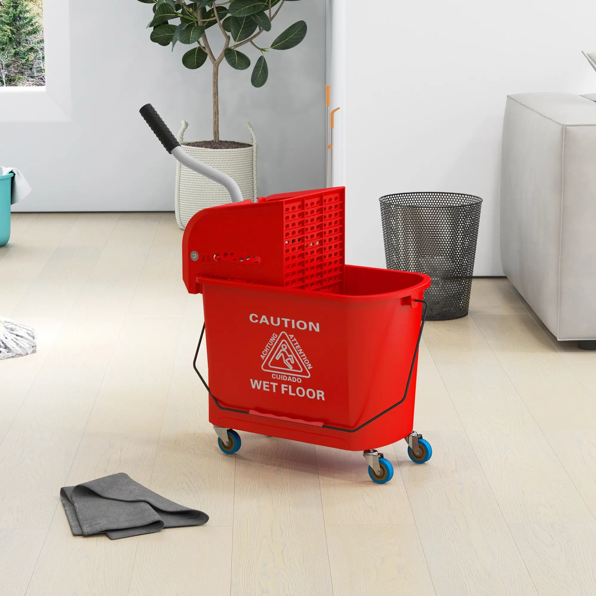 Compact Mop Bucket with Wringer, 5 Gallon, Red - Image 8
