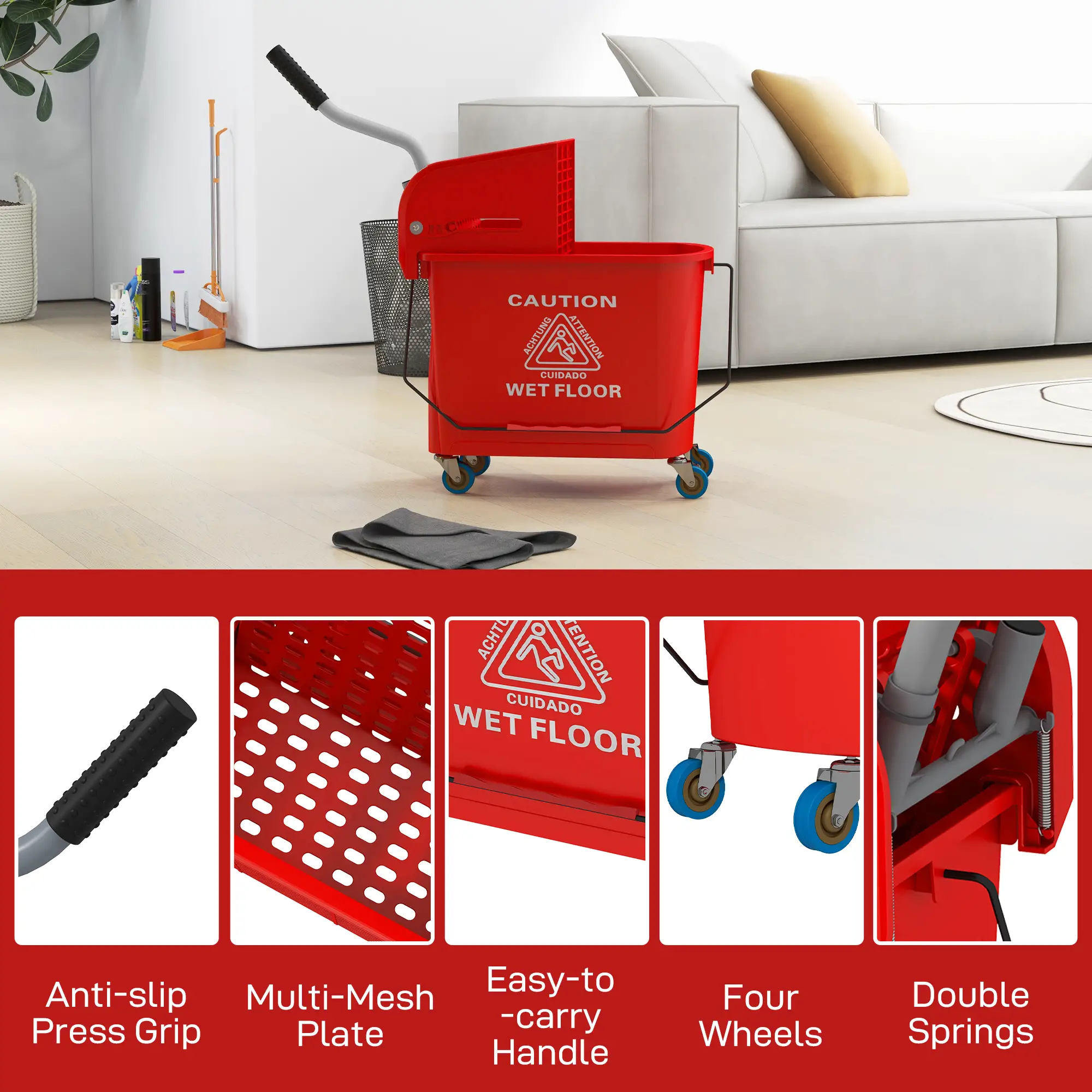 Compact Mop Bucket with Wringer, 5 Gallon, Red - Image 9