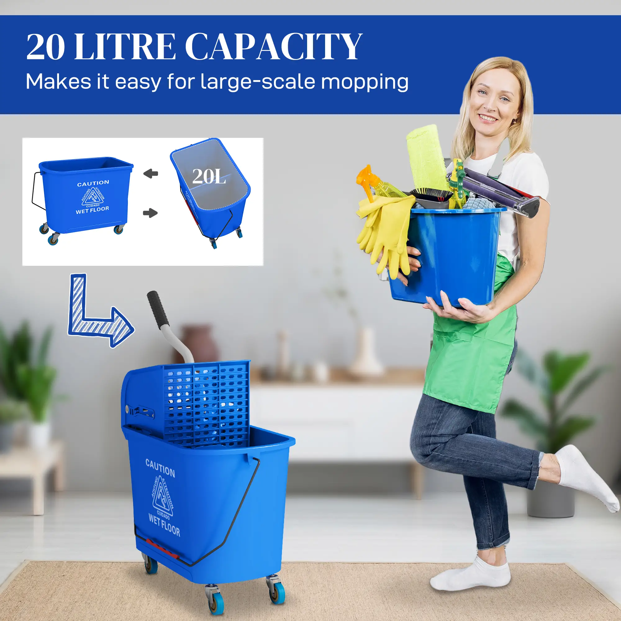 Compact Mop Bucket with Wringer, 5 Gallon, Separate Dirty Clean Water, Blue - Image 4