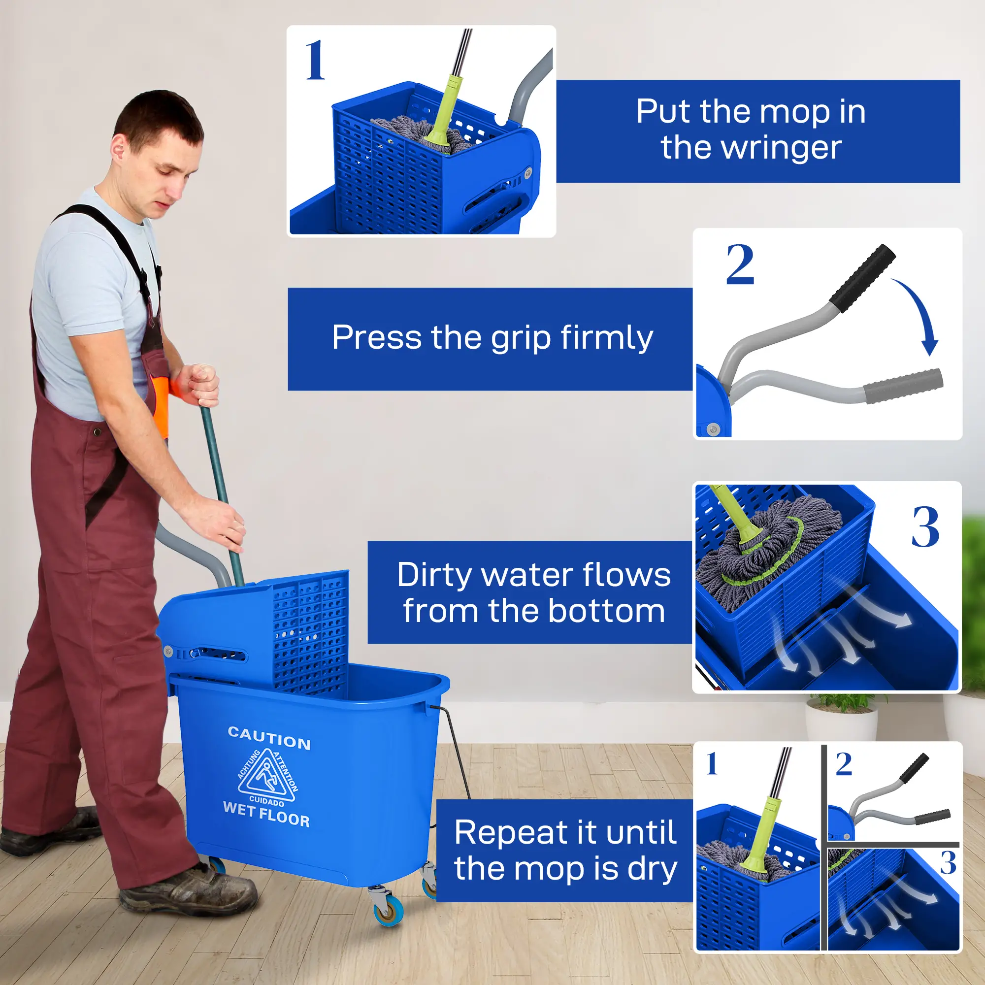 Compact Mop Bucket with Wringer, 5 Gallon, Separate Dirty Clean Water, Blue - Image 6