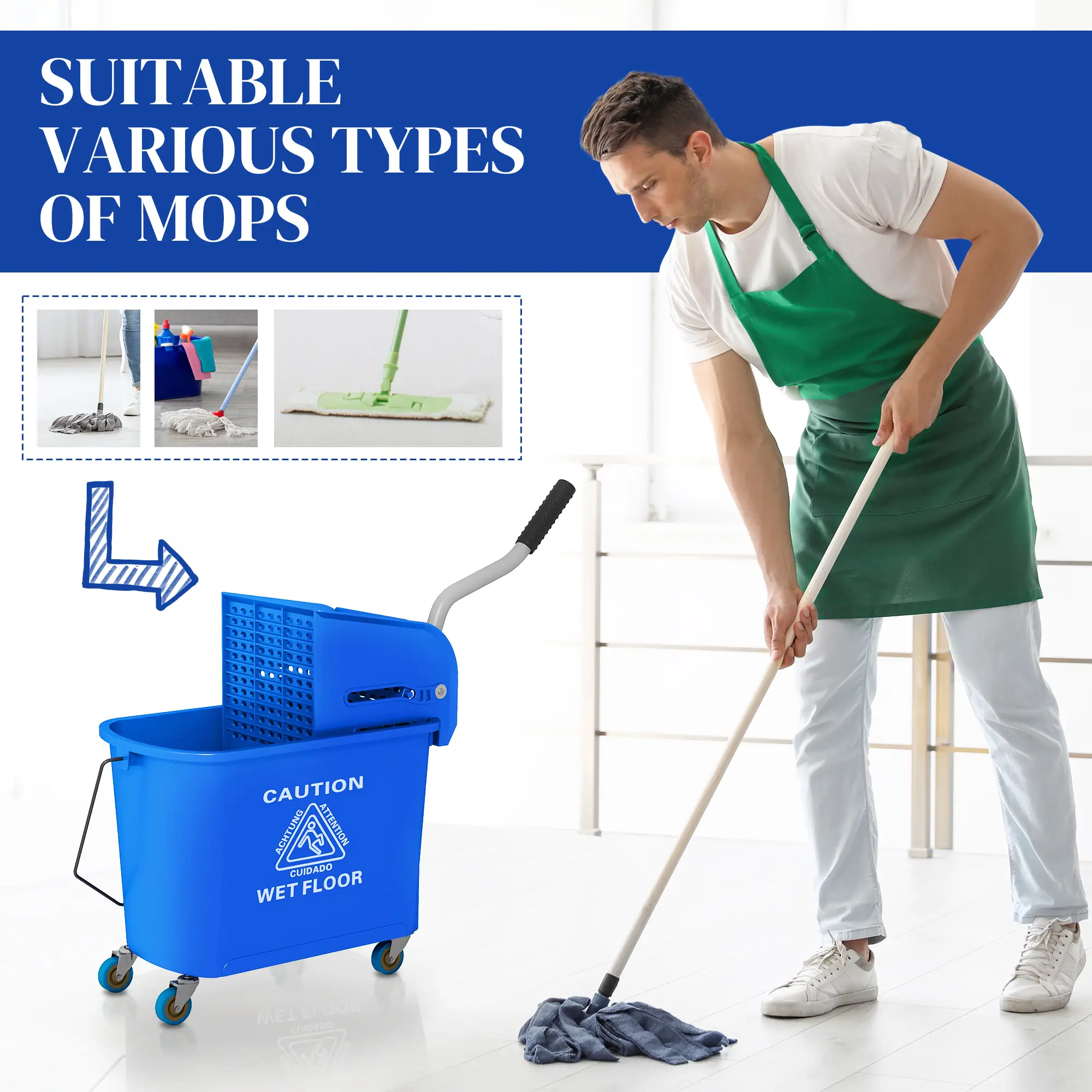 Compact Mop Bucket with Wringer, 5 Gallon, Separate Dirty Clean Water, Blue - Image 7