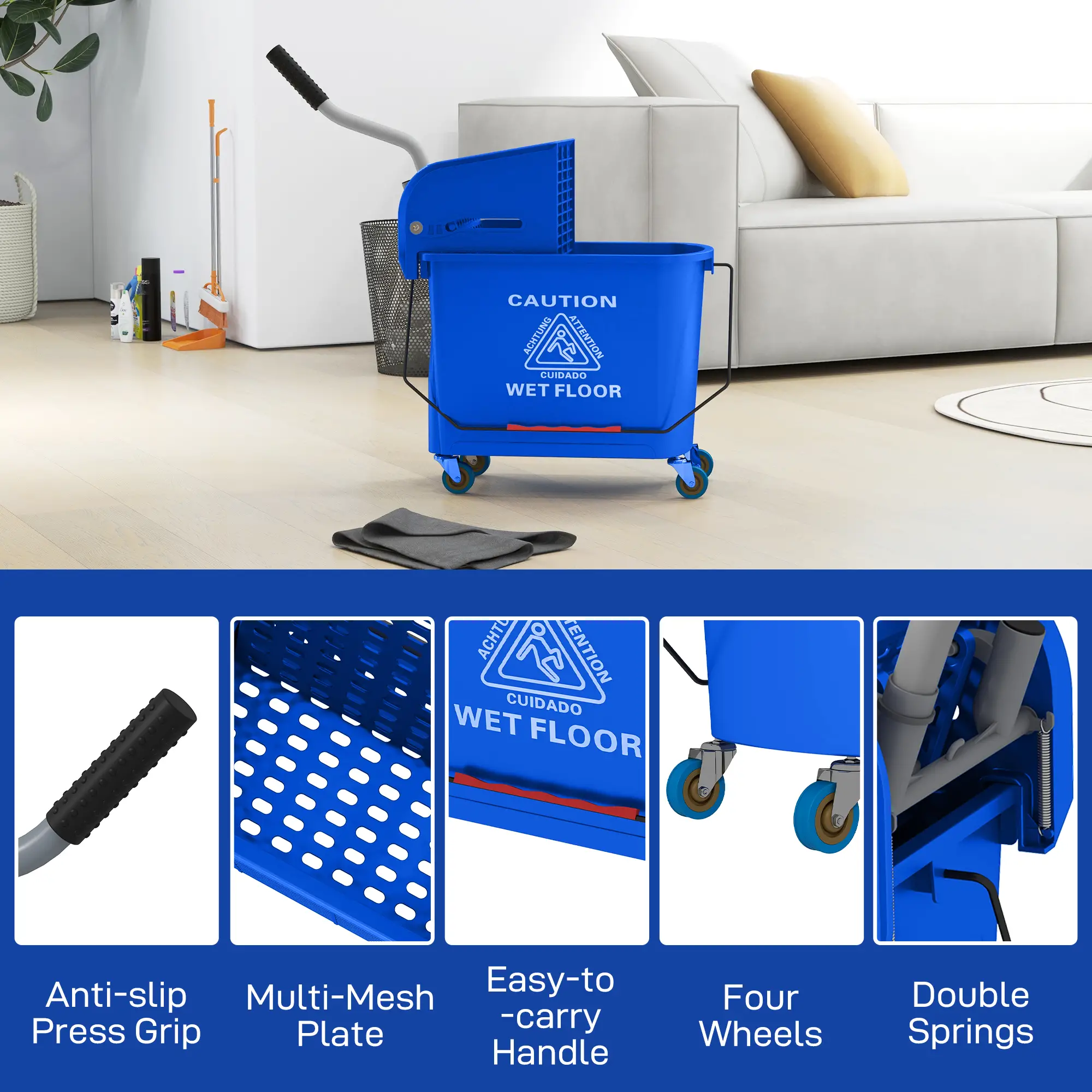 Compact Mop Bucket with Wringer, 5 Gallon, Separate Dirty Clean Water, Blue - Image 9