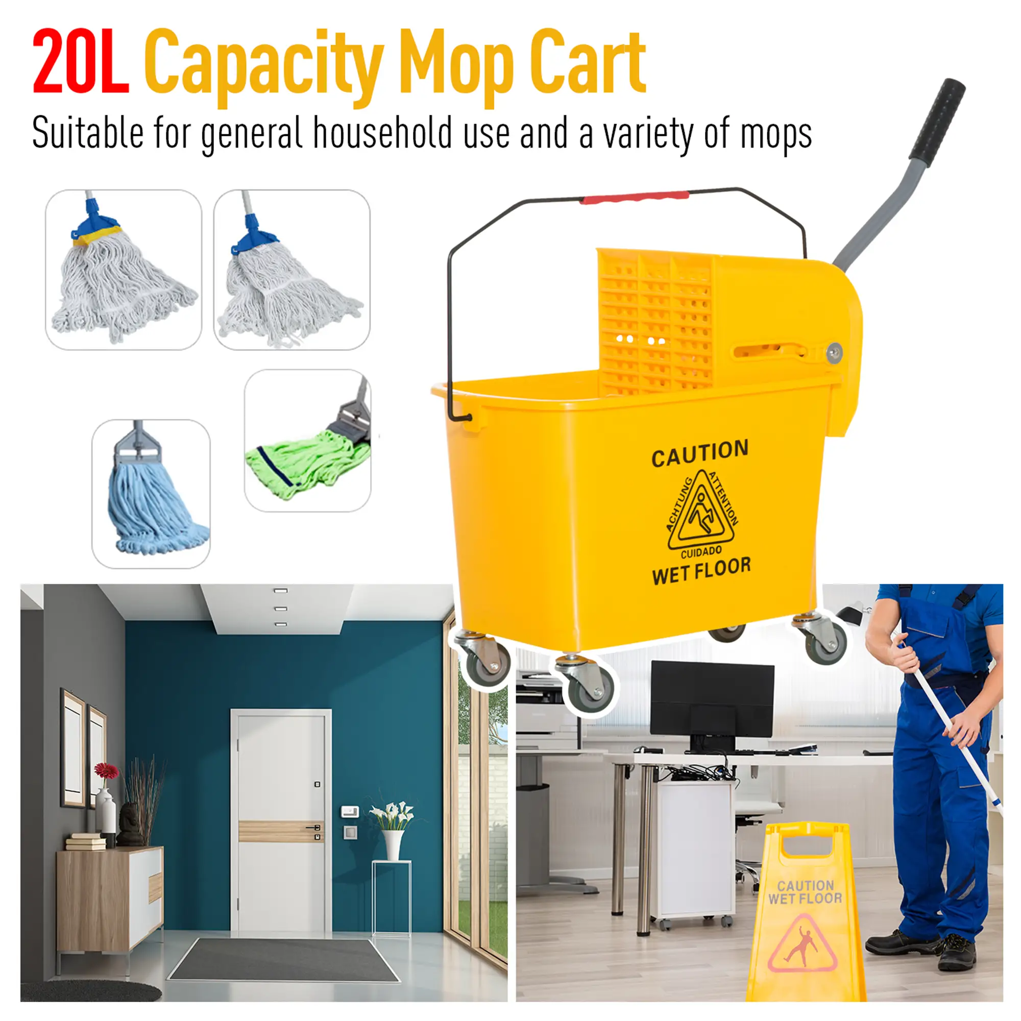 Compact Mop Bucket with Wringer, 5 Gallon, Yellow - Image 5