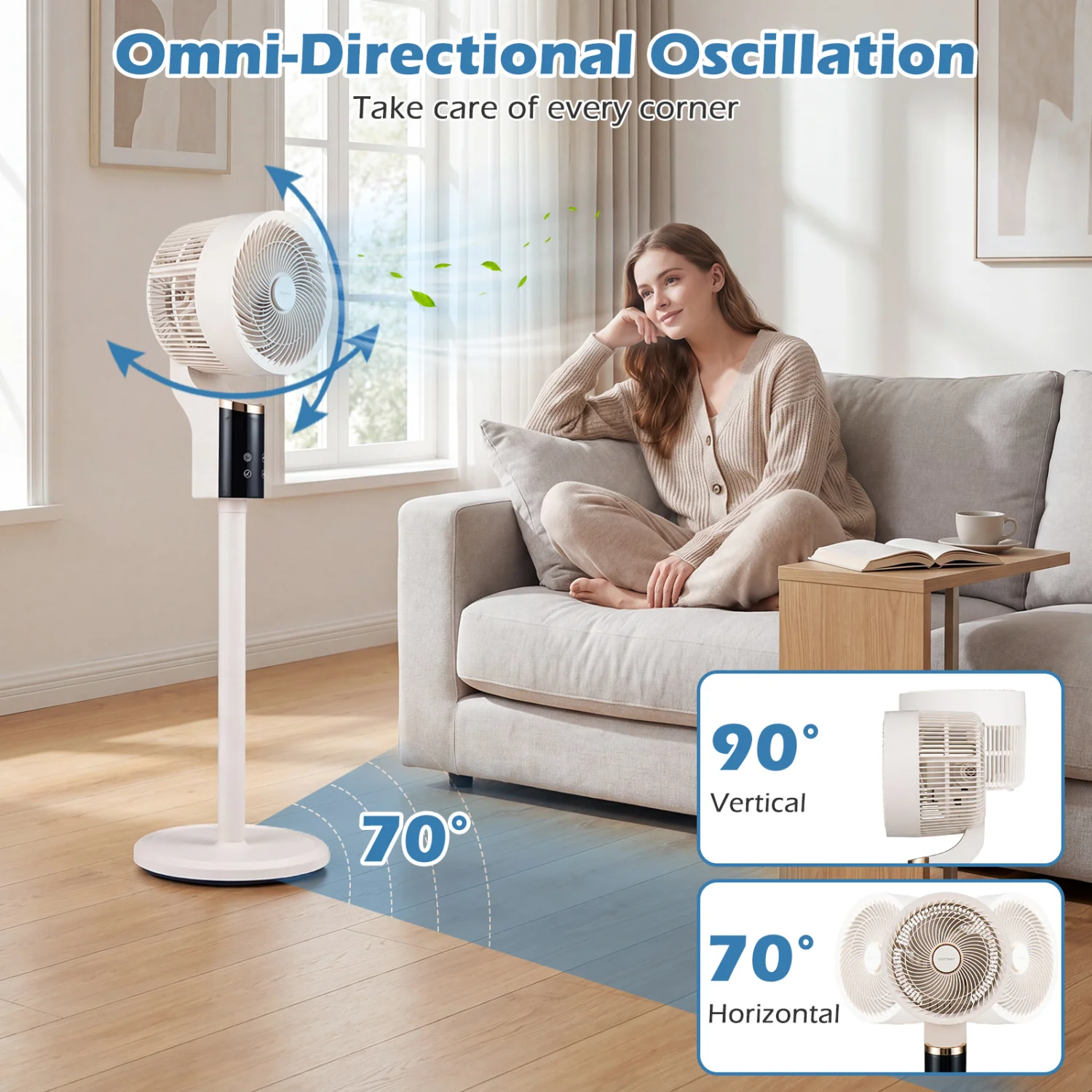 Compact Oscillating Fan, 70° Oscillation, 90° Tilt, White - Image 6