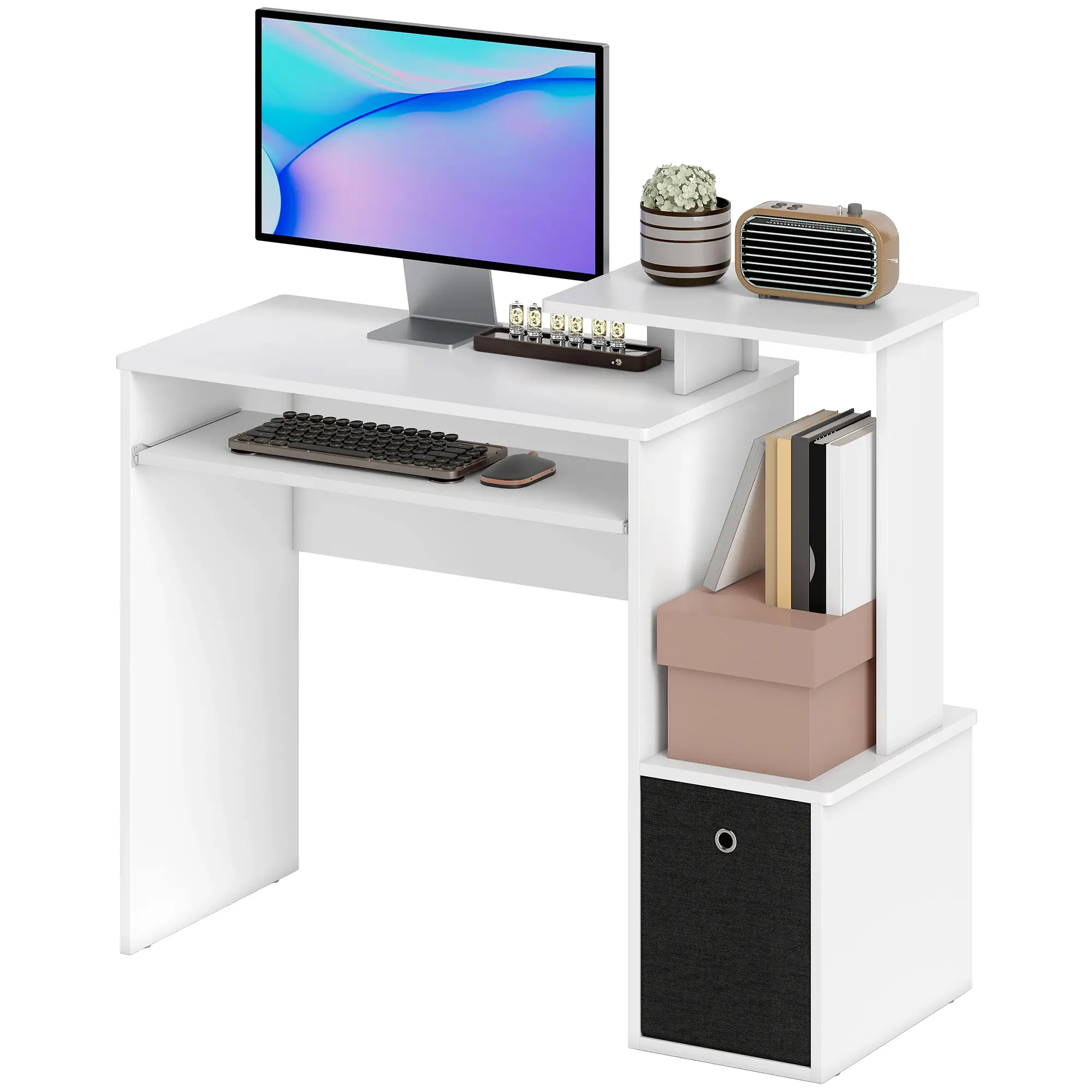 Computer Desk, Sliding Keyboard Tray, Storage Drawer, White
