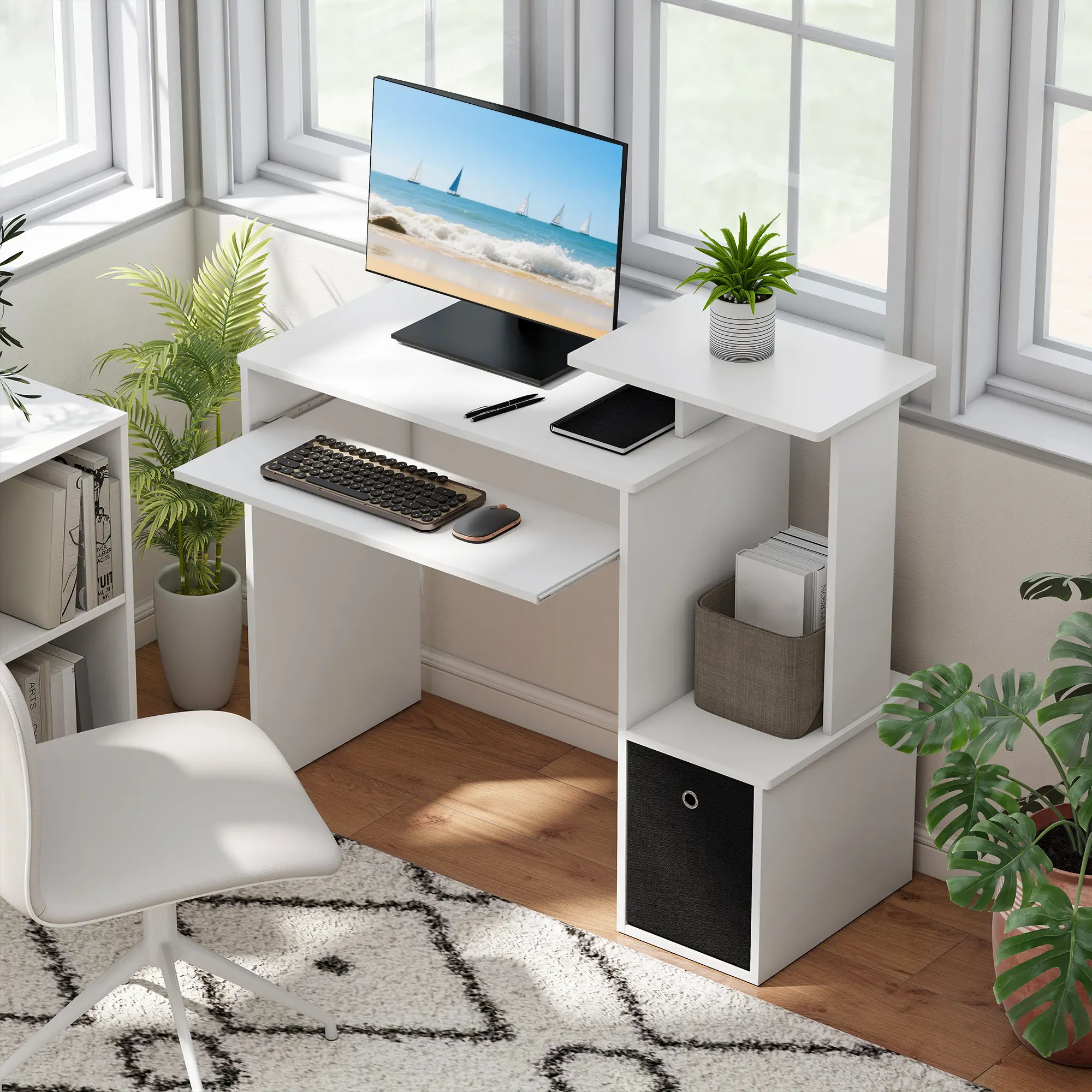 Computer Desk, Sliding Keyboard Tray, Storage Drawer, White - Image 2