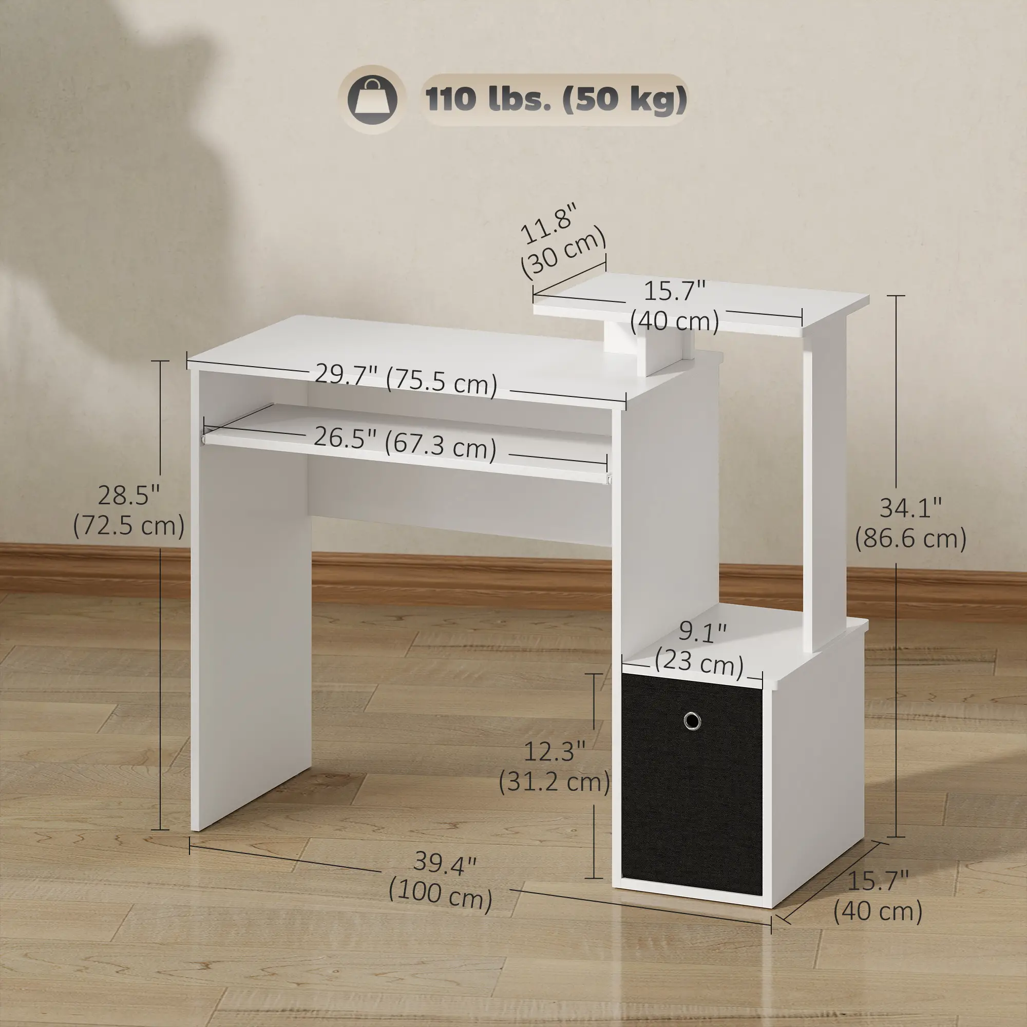 Computer Desk, Sliding Keyboard Tray, Storage Drawer, White - Image 3