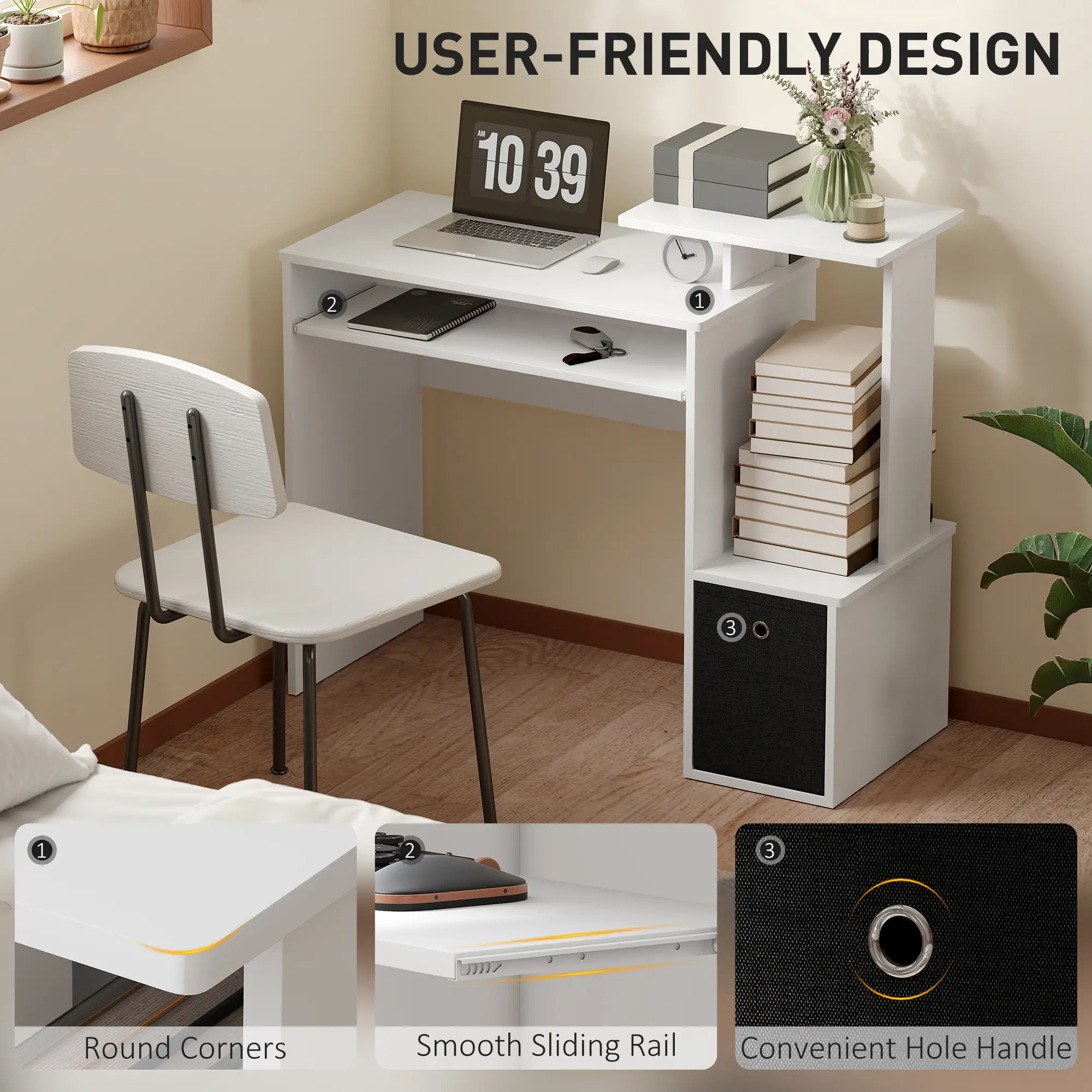Computer Desk, Sliding Keyboard Tray, Storage Drawer, White - Image 6