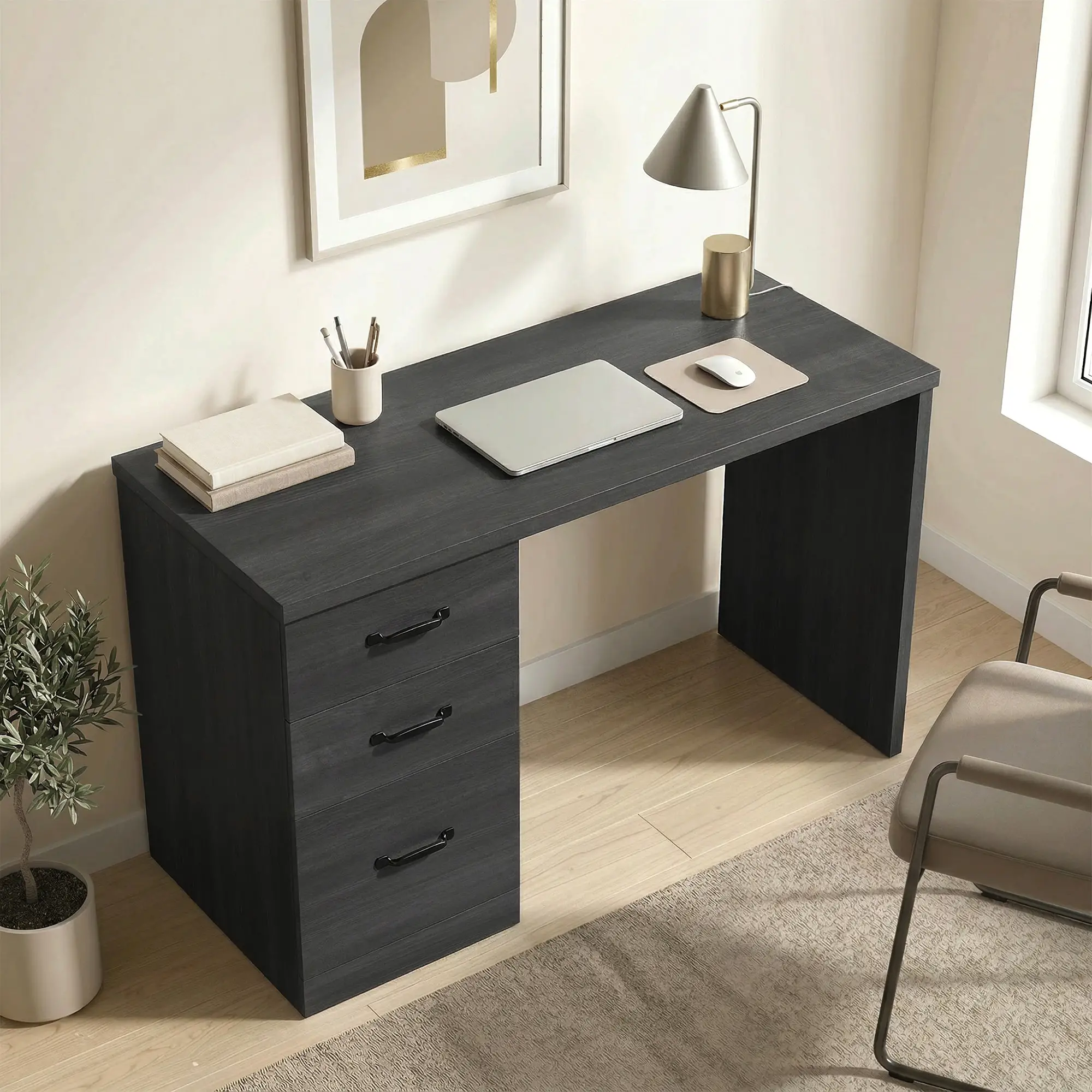 Computer Desk With 3 Drawers, 47" Home Office Desk, Black - Image 2