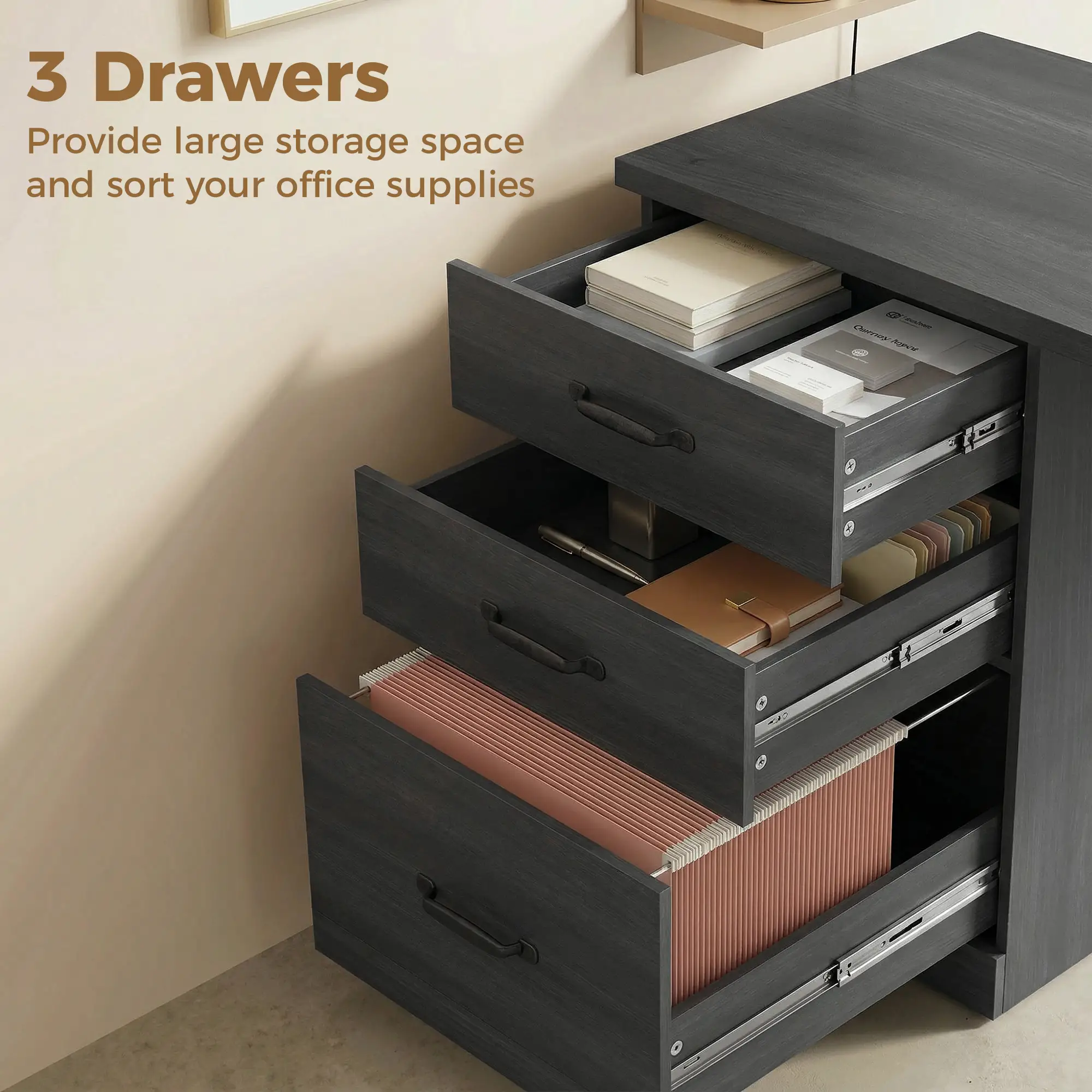 Computer Desk With 3 Drawers, 47" Home Office Desk, Black - Image 4