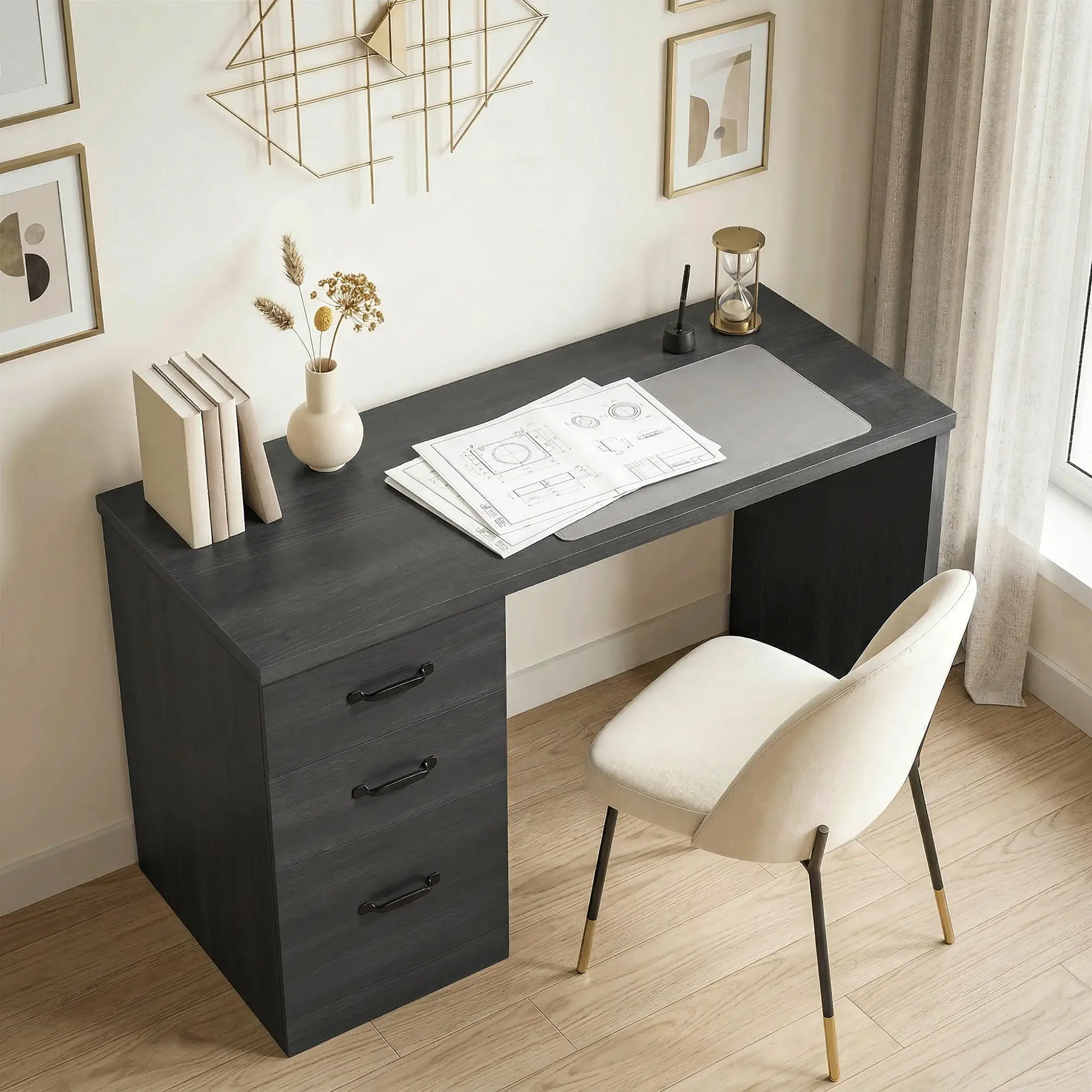 Computer Desk With 3 Drawers, 47" Home Office Desk, Black - Image 8
