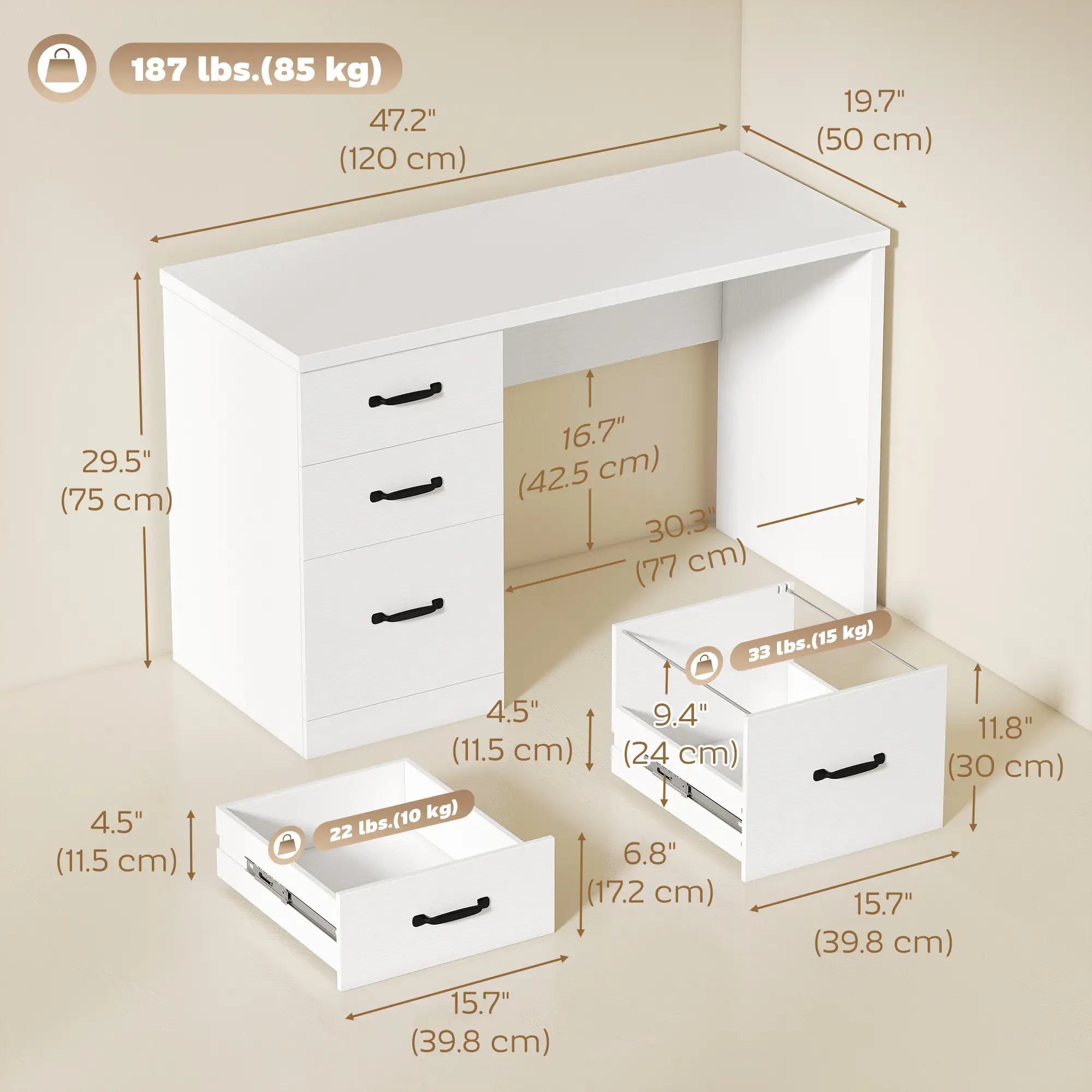 Computer Desk With 3 Drawers, 47", Adjustable Hanging Rails, White - Image 3