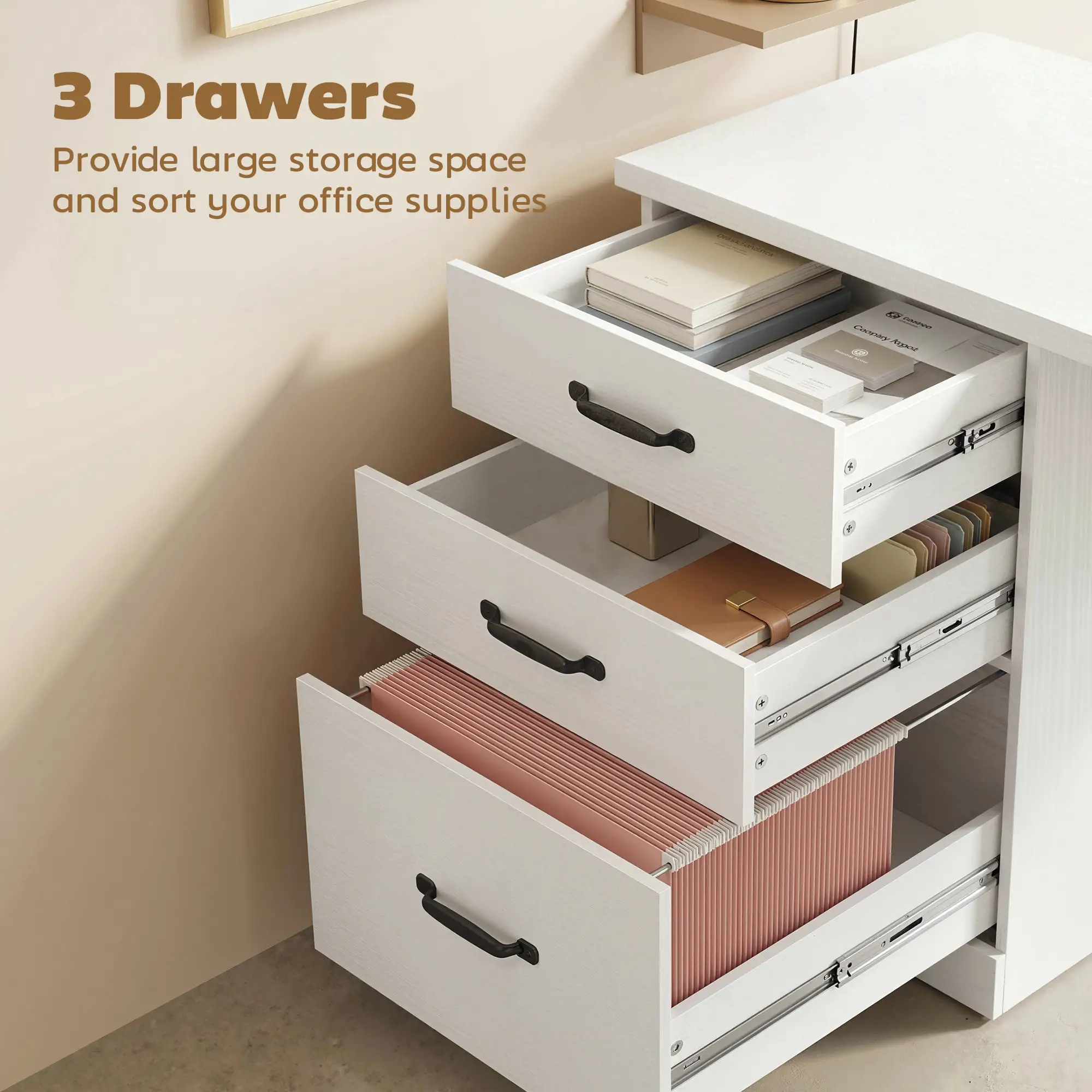 Computer Desk With 3 Drawers, 47", Adjustable Hanging Rails, White - Image 4