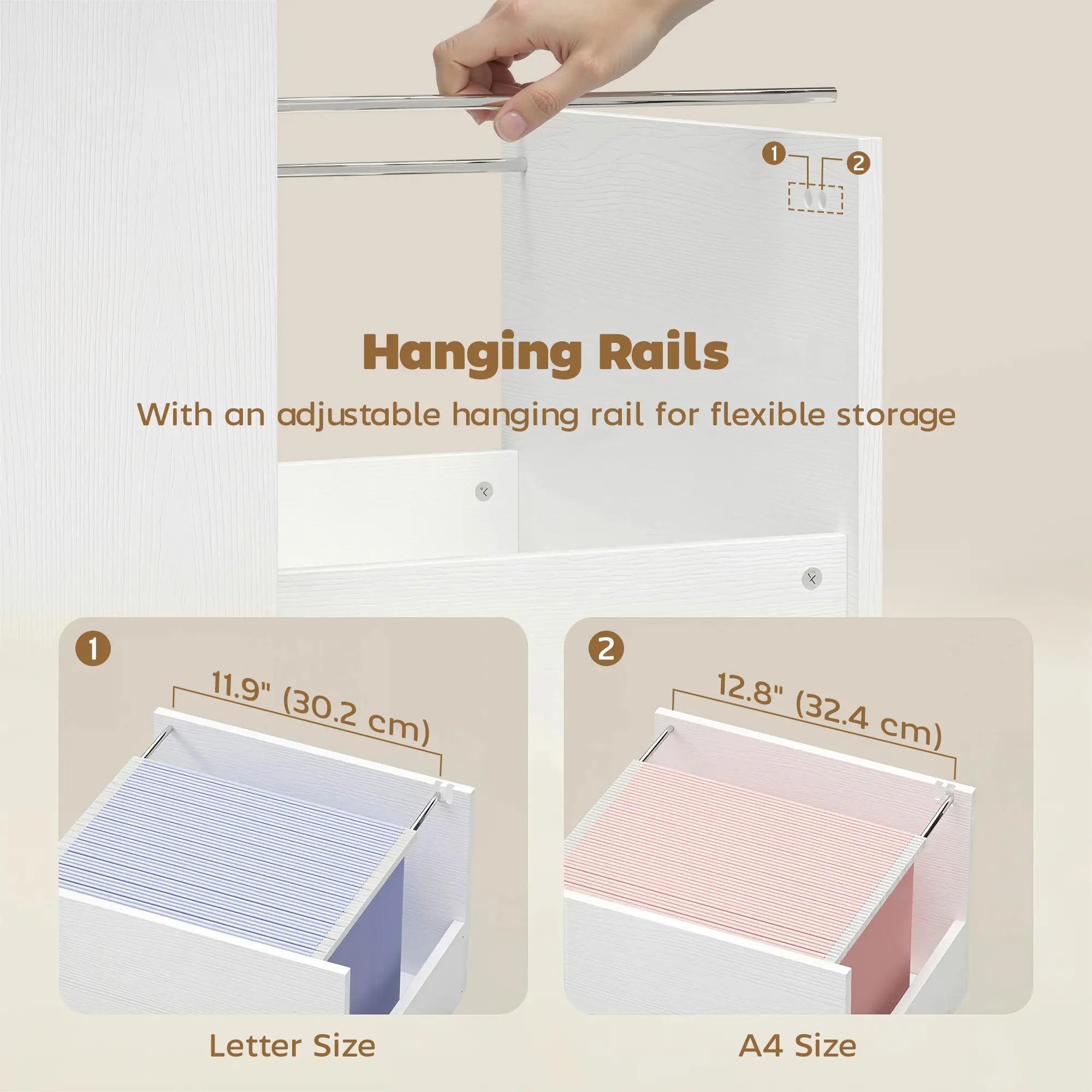 Computer Desk With 3 Drawers, 47", Adjustable Hanging Rails, White - Image 5