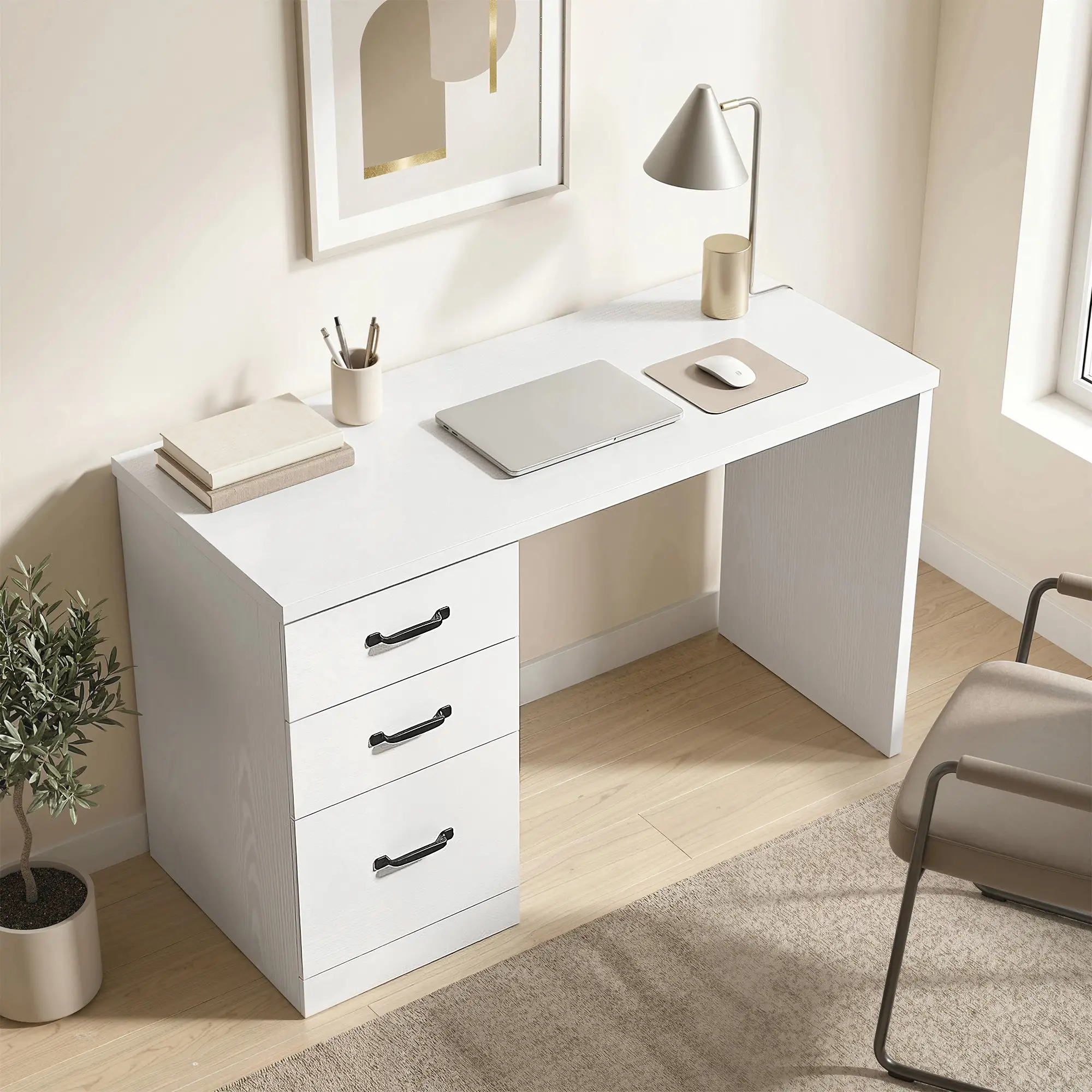 Computer Desk With 3 Drawers, 47", Adjustable Hanging Rails, White - Image 8