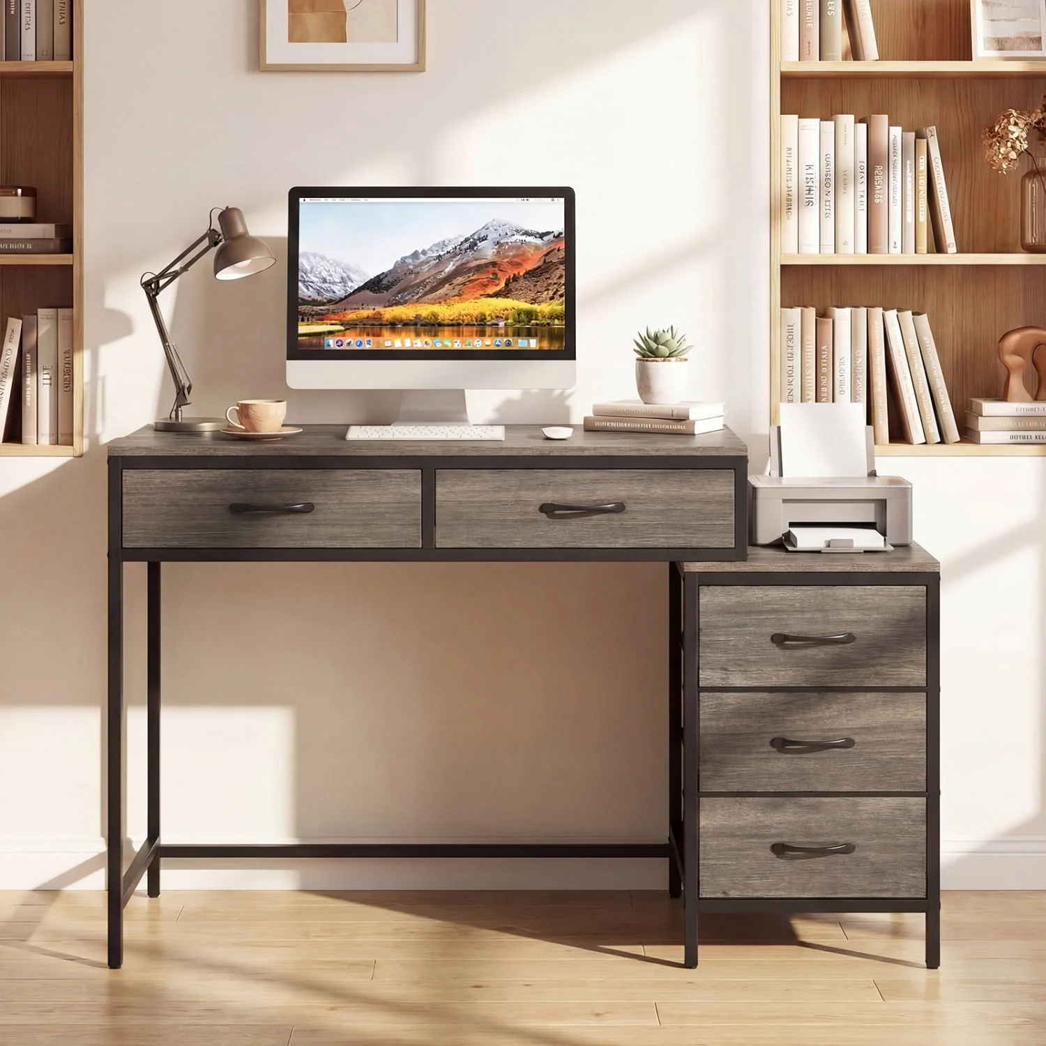 Computer Desk With 5 Drawers, Printer Stand, Oak - Image 2