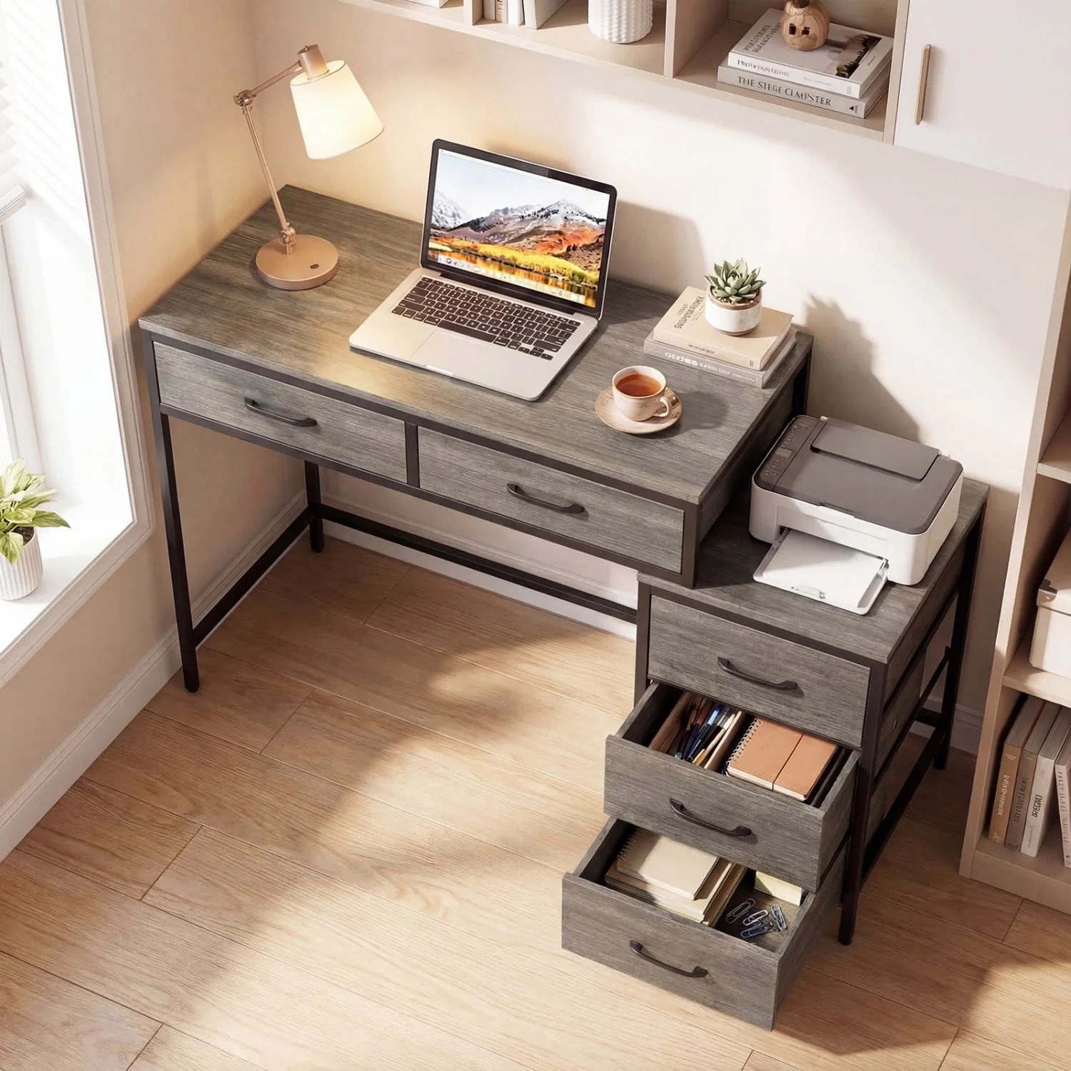 Computer Desk With 5 Drawers, Printer Stand, Oak - Image 3