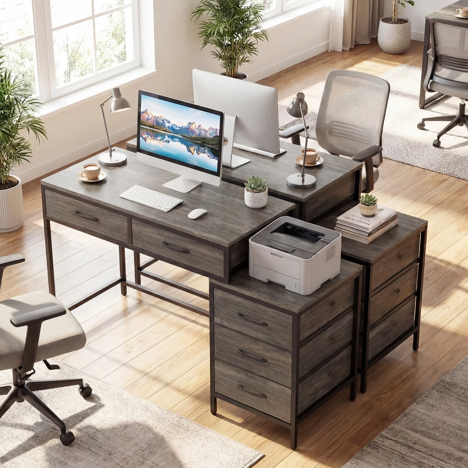 Computer Desk With 5 Drawers, Printer Stand, Oak - Image 7