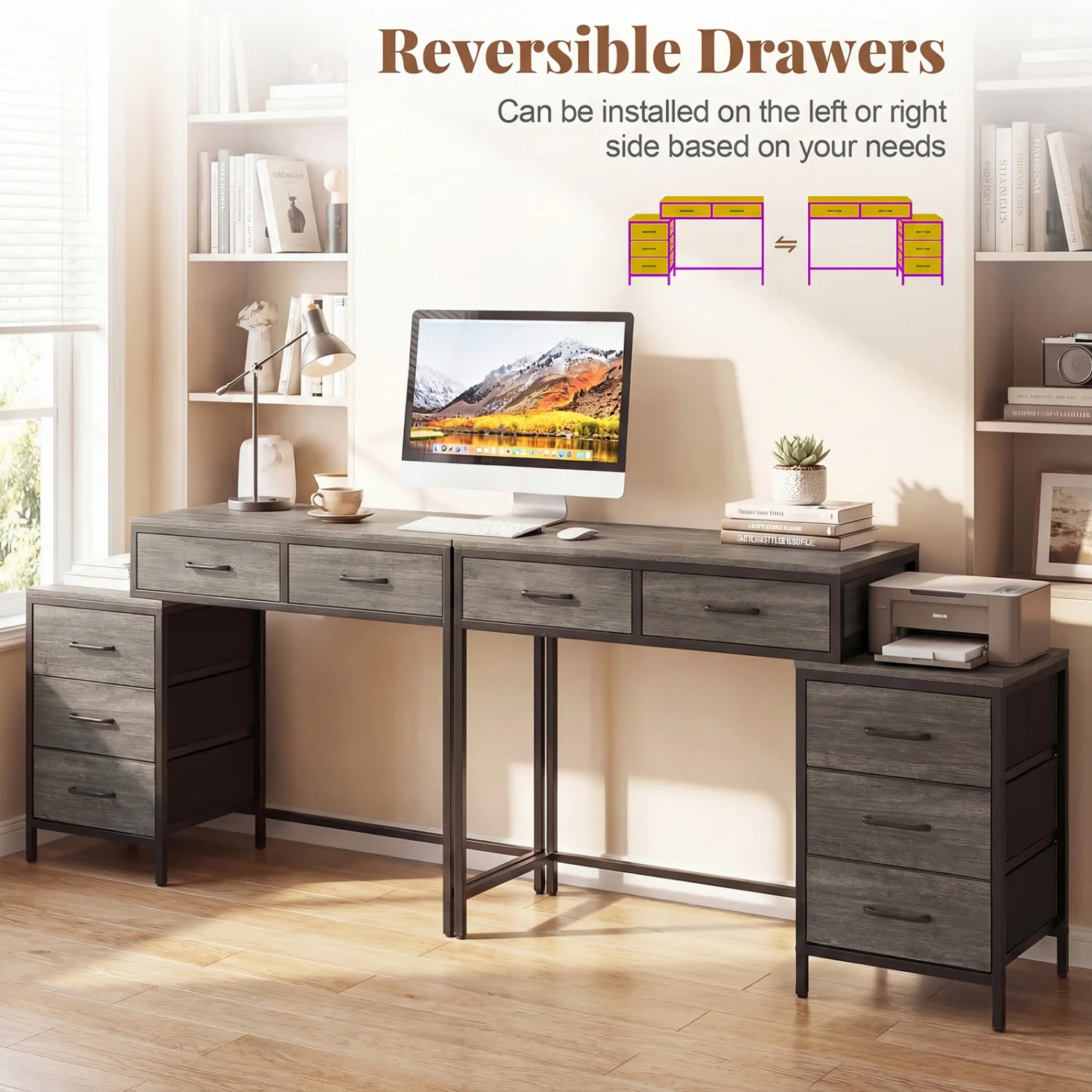 Computer Desk With 5 Drawers, Printer Stand, Oak - Image 9