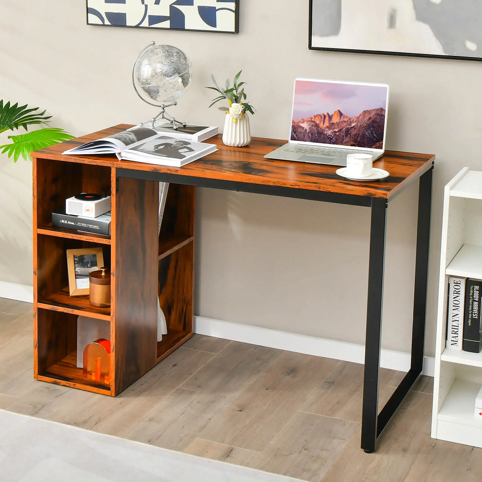 Computer Desk with 5 Side Shelves and Metal Frame, Rustic Brown - Image 7