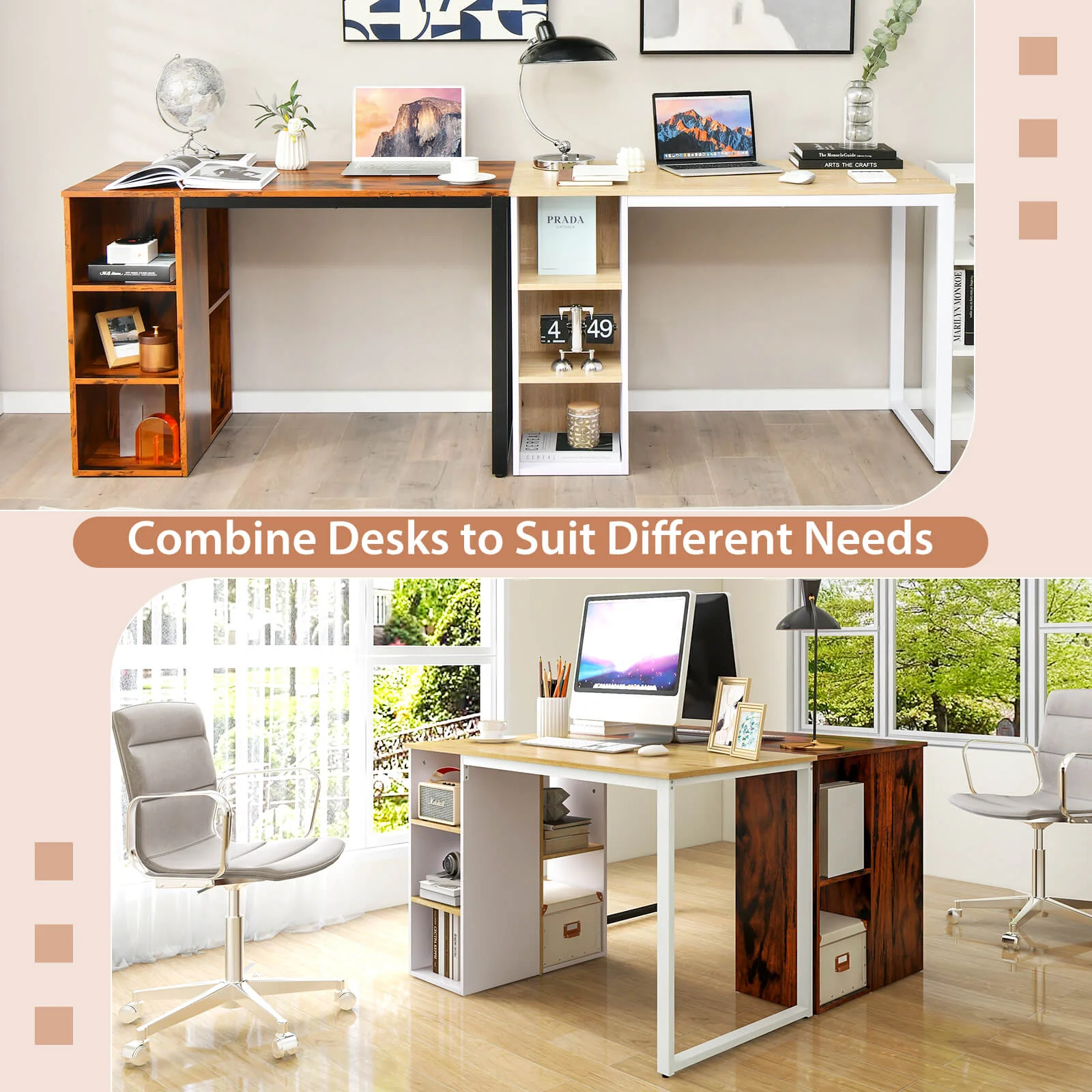 Computer Desk with 5 Side Shelves and Metal Frame, Rustic Brown - Image 9