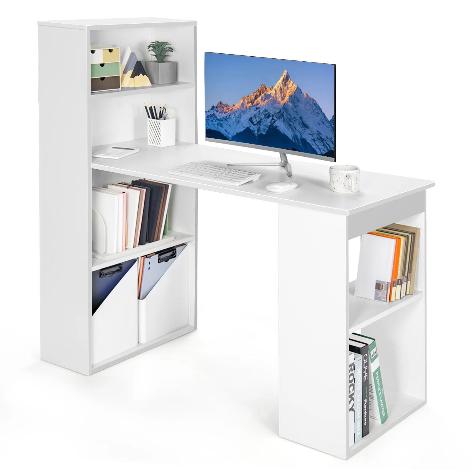 Computer Desk With 6-Tier Storage Shelves, White