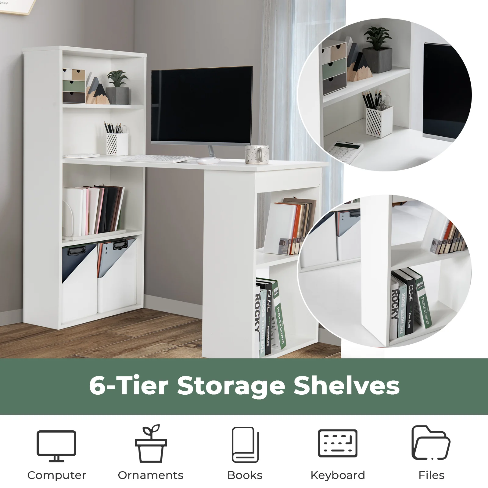 Computer Desk With 6-Tier Storage Shelves, White - Image 8