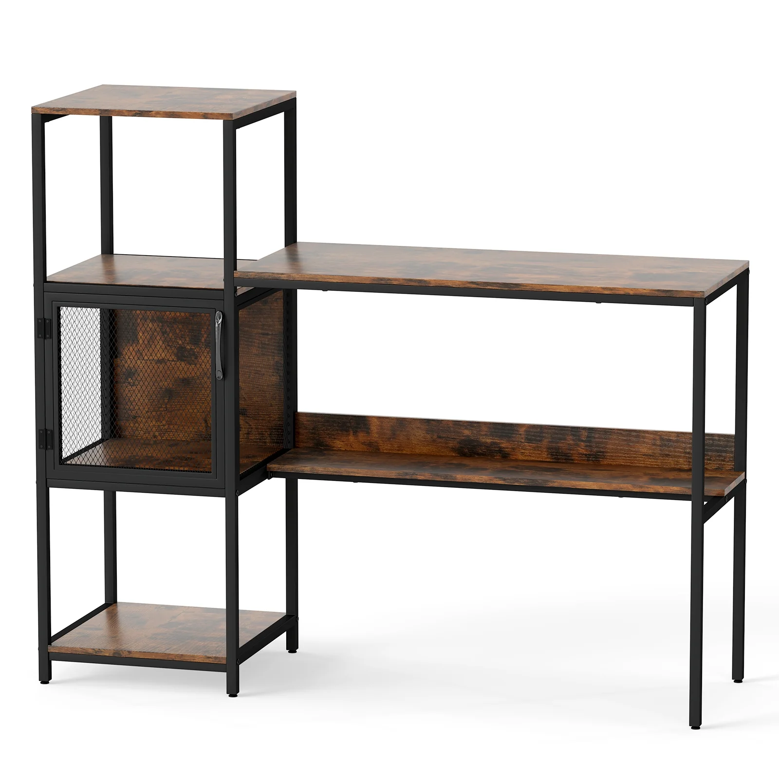 Computer Desk With Bookshelf, Storage Cabinet, Shelves, Rustic Brown