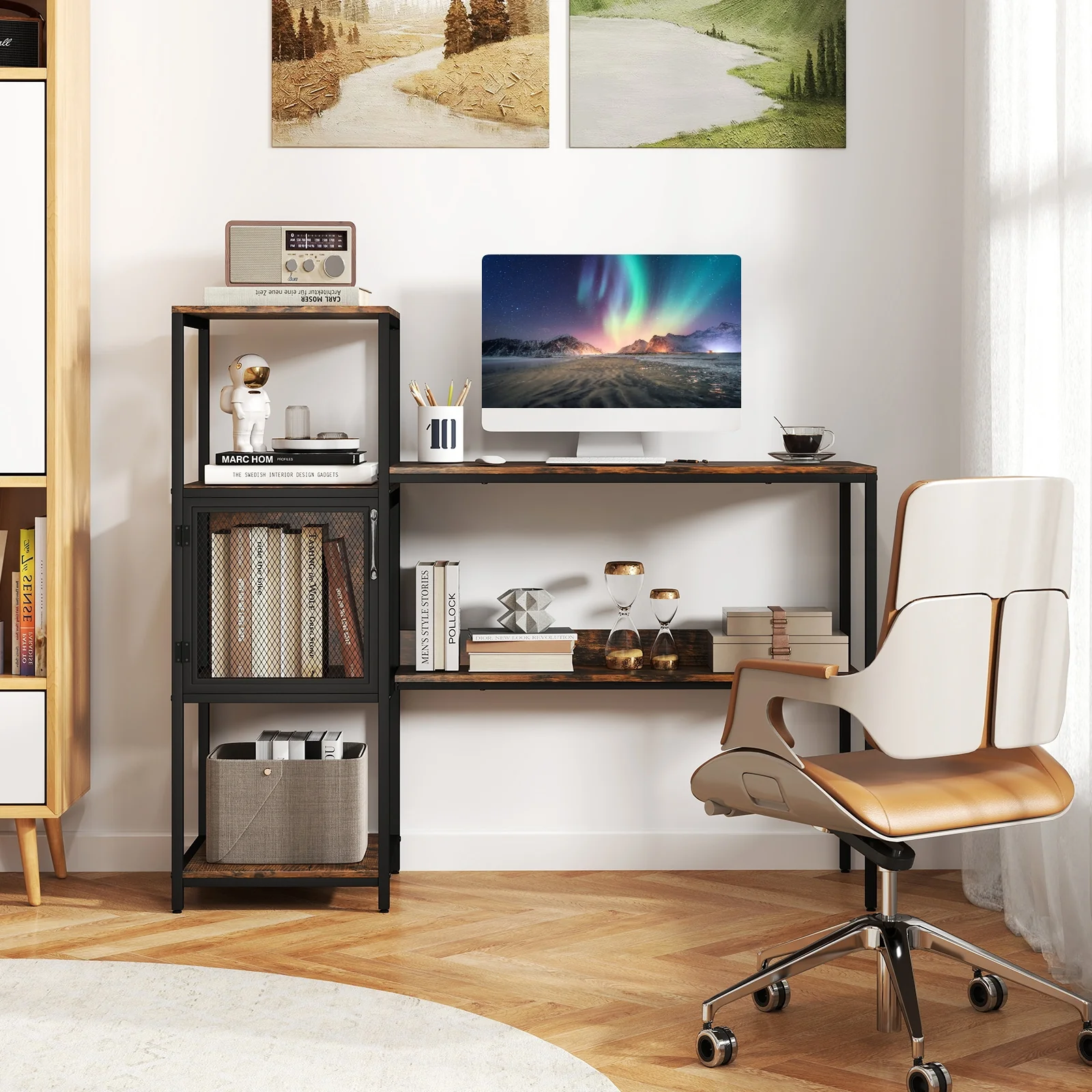 Computer Desk With Bookshelf, Storage Cabinet, Shelves, Rustic Brown - Image 3
