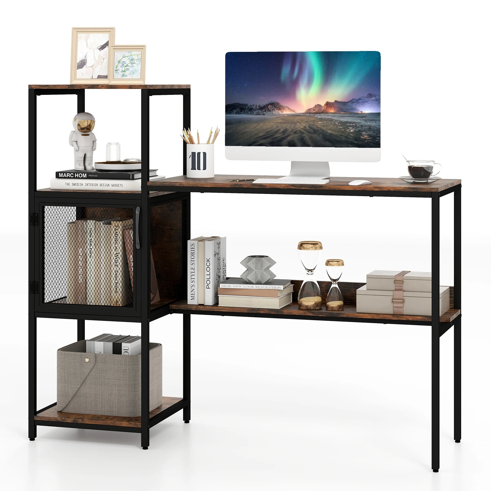 Computer Desk With Bookshelf, Storage Cabinet, Shelves, Rustic Brown - Image 5