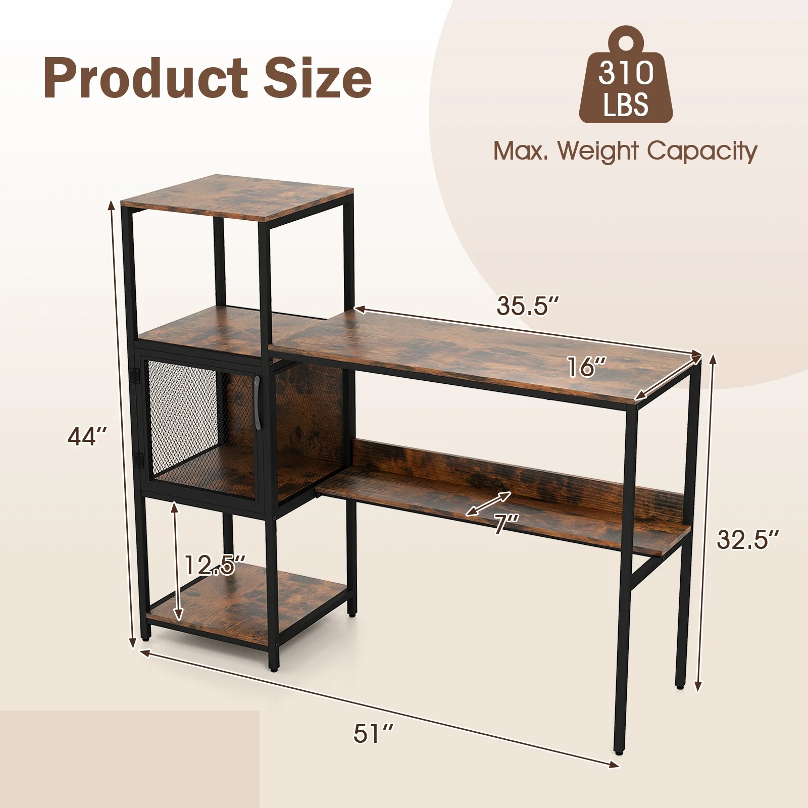 Computer Desk With Bookshelf, Storage Cabinet, Shelves, Rustic Brown - Image 6