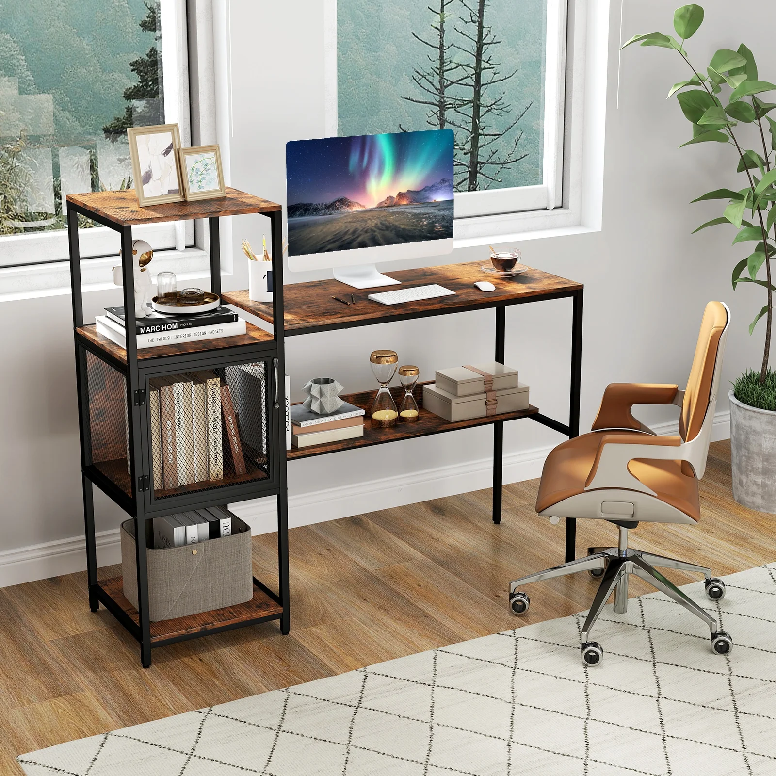 Computer Desk With Bookshelf, Storage Cabinet, Shelves, Rustic Brown - Image 7