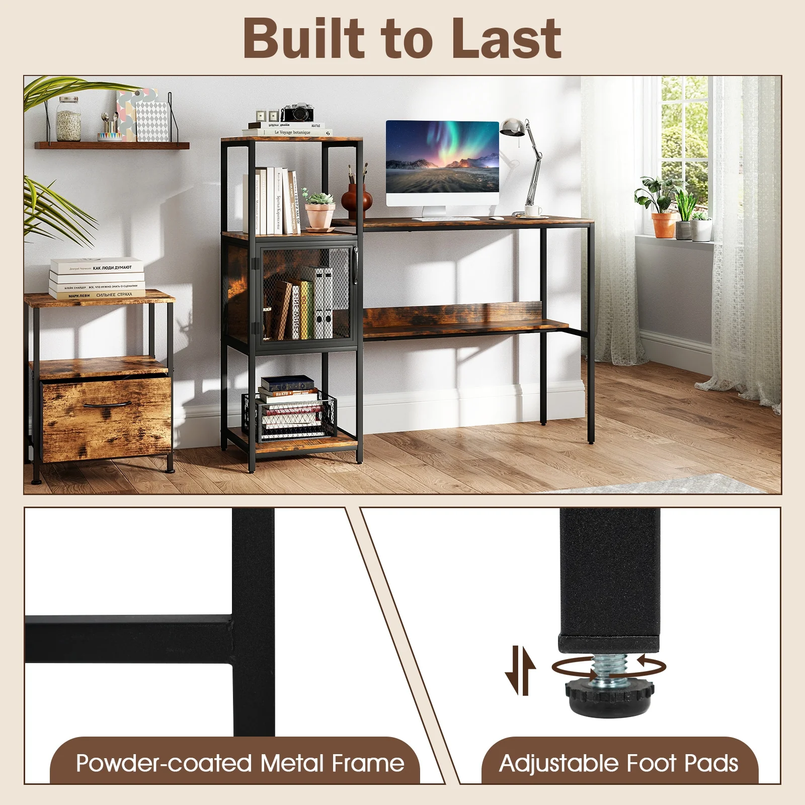 Computer Desk With Bookshelf, Storage Cabinet, Shelves, Rustic Brown - Image 8