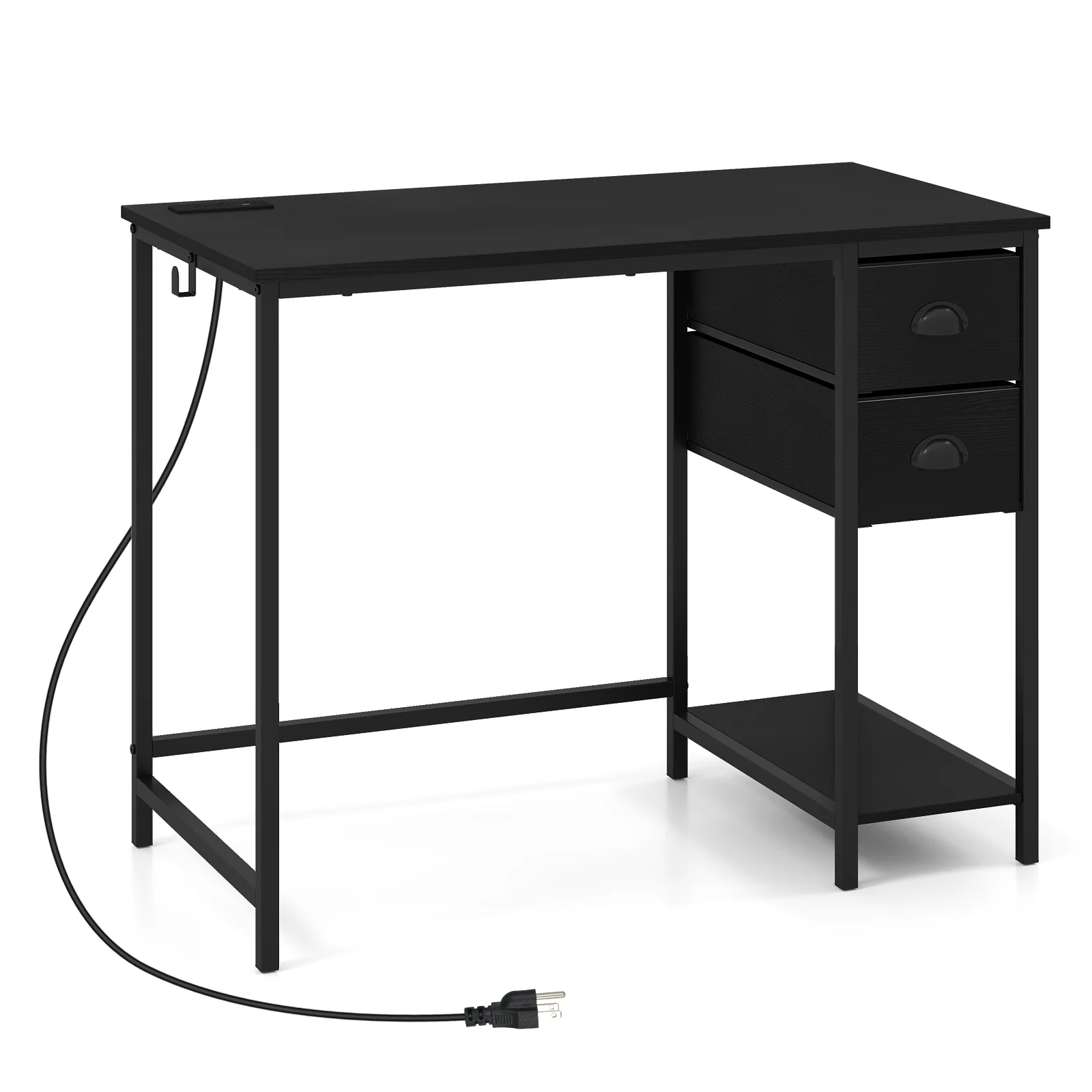 Computer Desk With Charging Station, 2 Fabric Drawers, Black