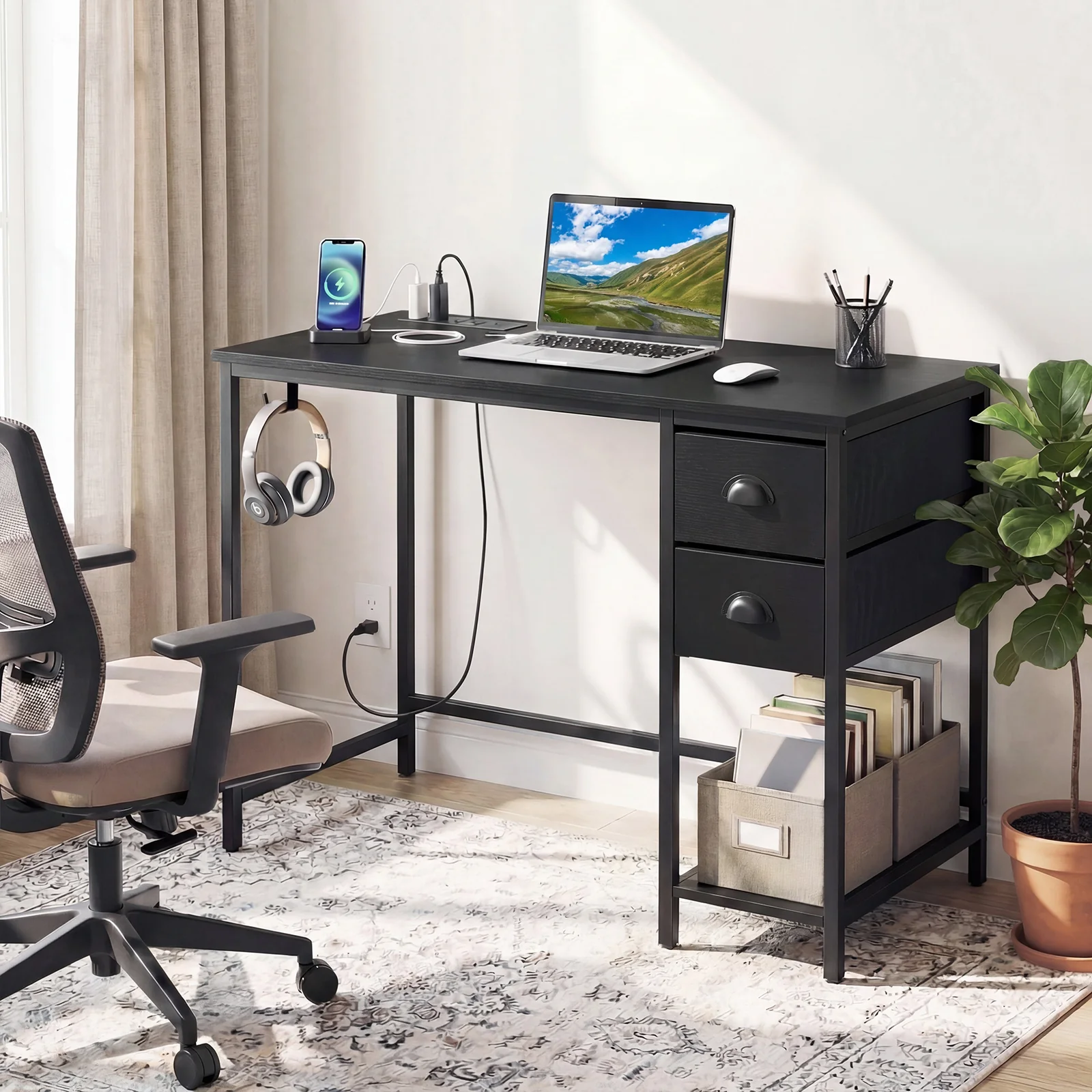 Computer Desk With Charging Station, 2 Fabric Drawers, Black - Image 2