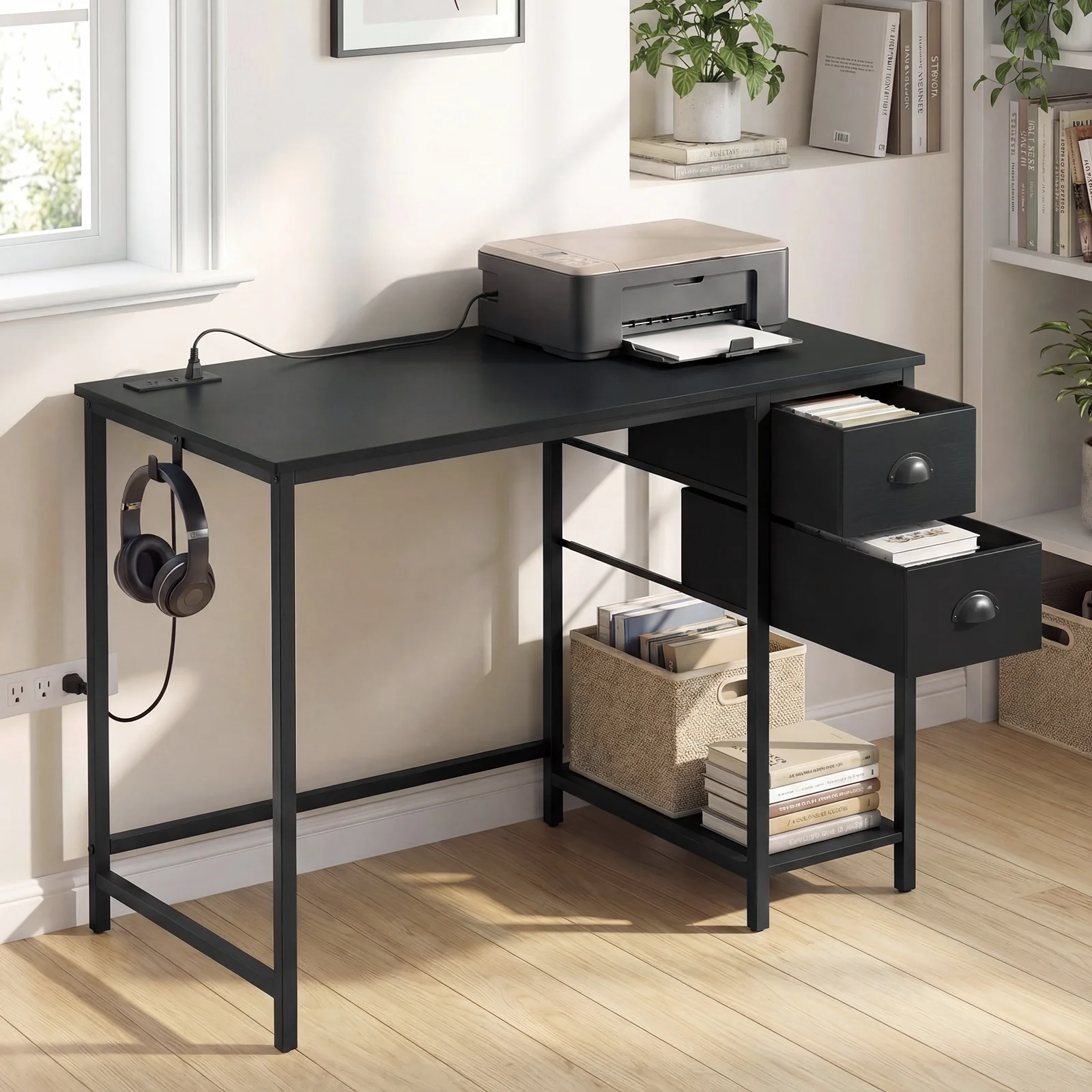 Computer Desk With Charging Station, 2 Fabric Drawers, Black - Image 3